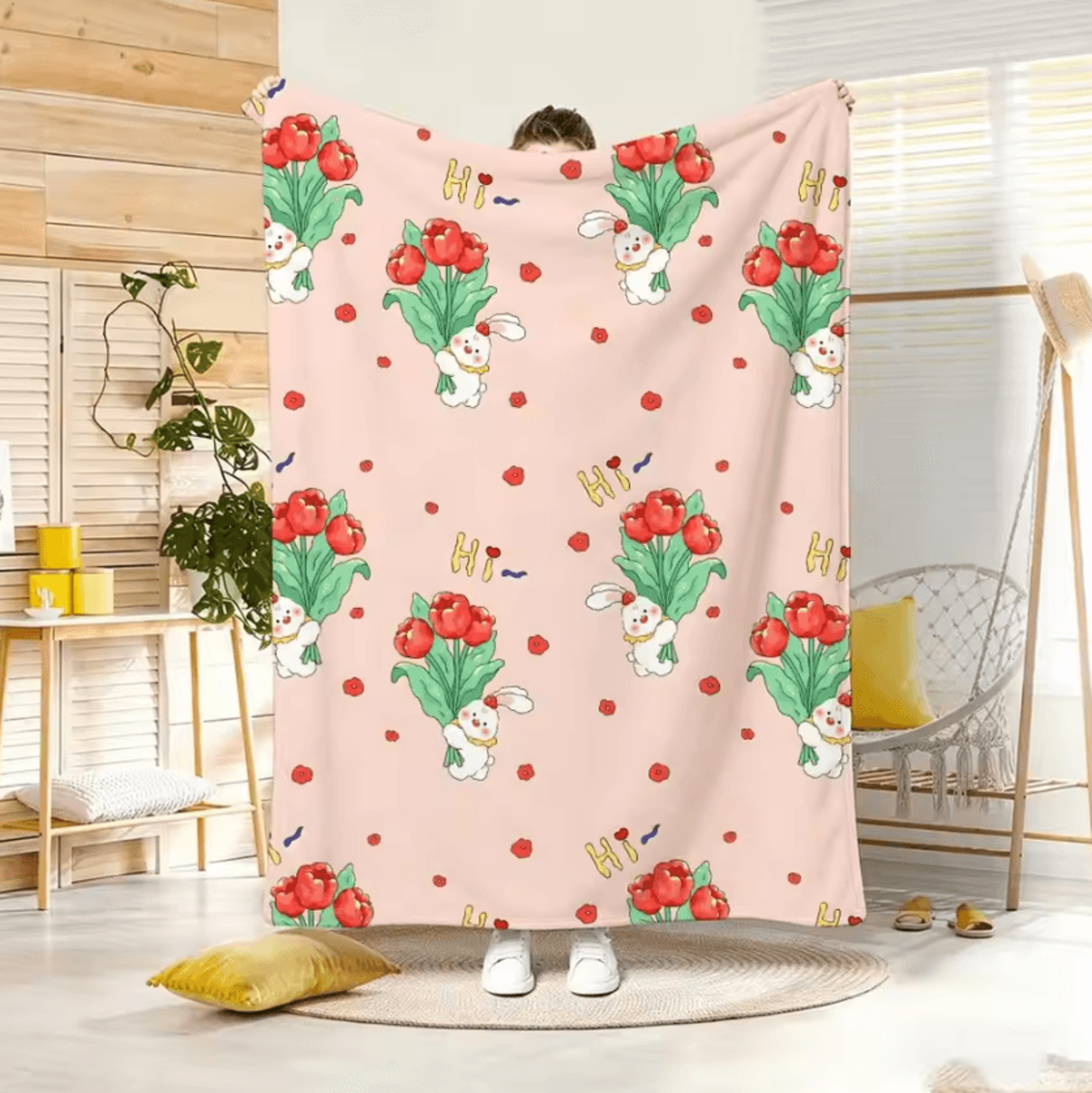 Sweetheart Pink Rabbit Lightweight Flannel Throw Blanket 5
