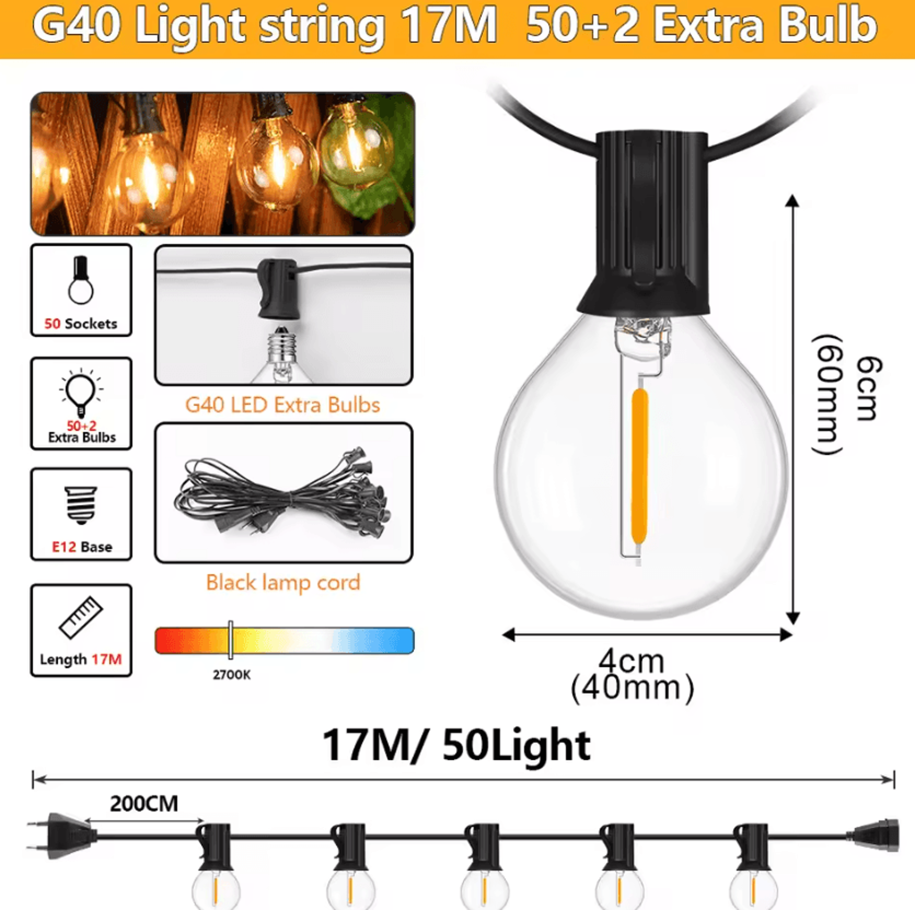 Outdoor Waterproof G40 LED String Lights With Shatterproof Bulbs 7