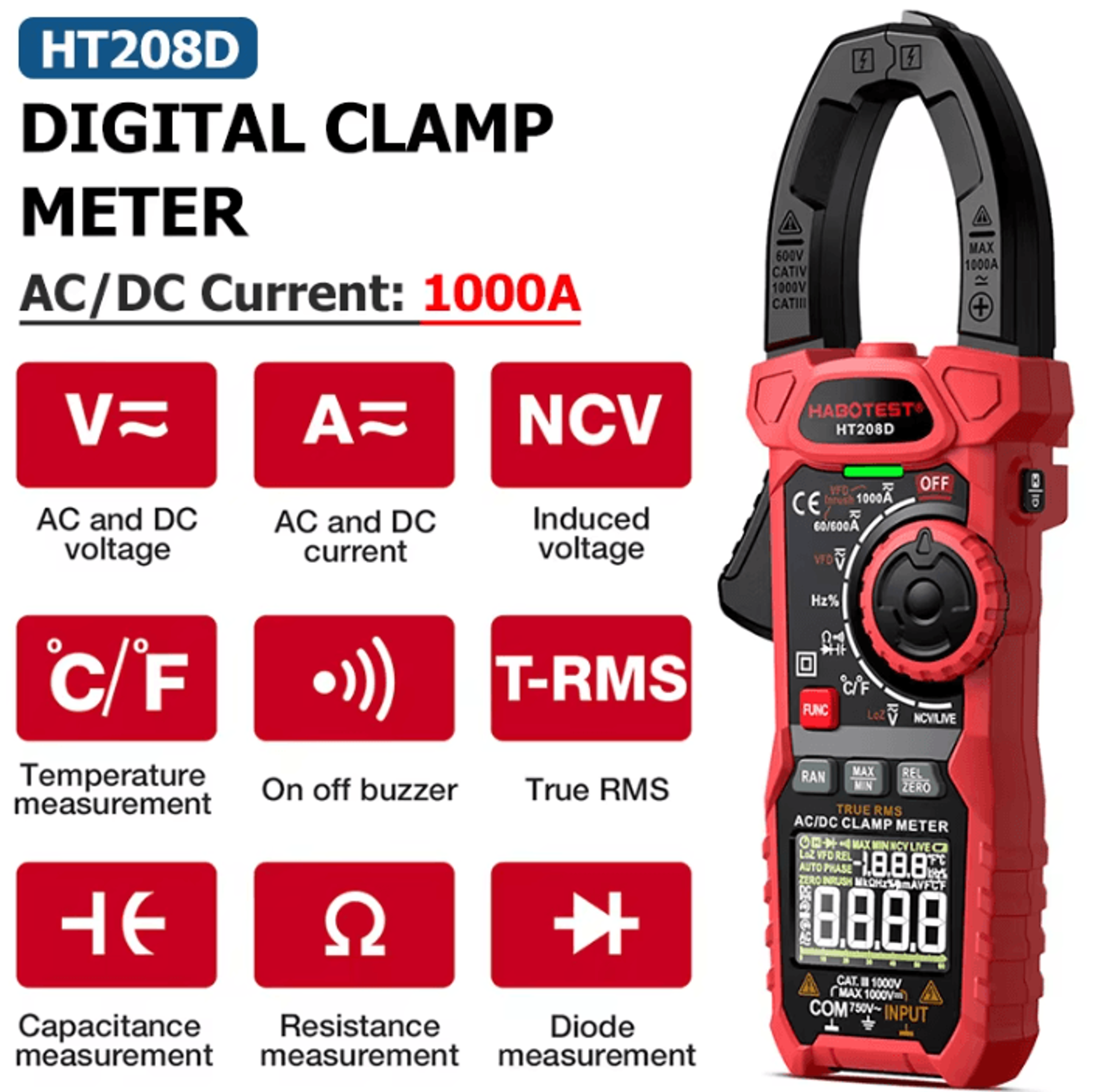 HT208D 1000A True RMS AC DC Digital Clamp Meter 0