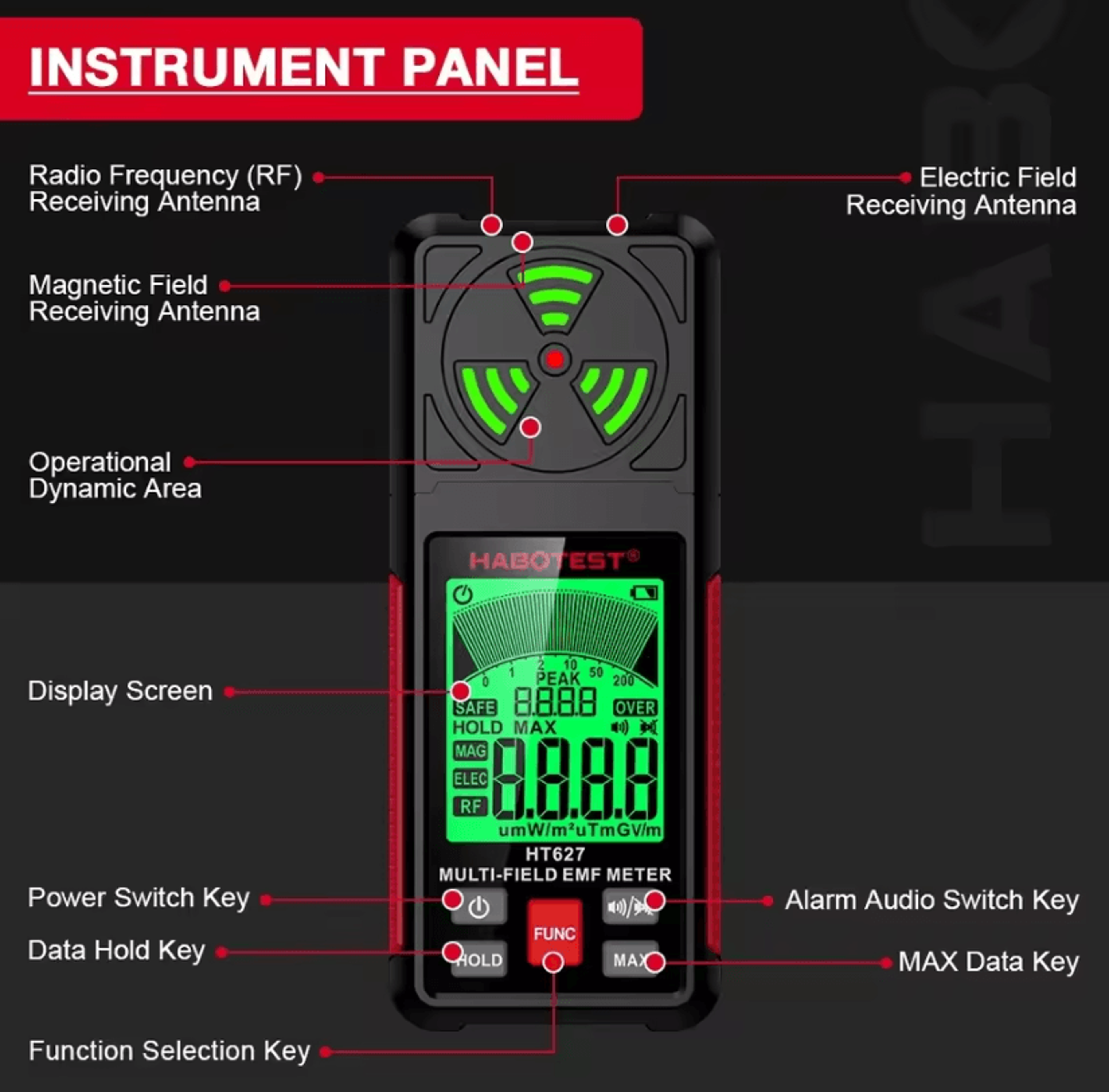 HT627 3 In 1 EMF Meter With RF Electric And Magnetic Field Detection 2
