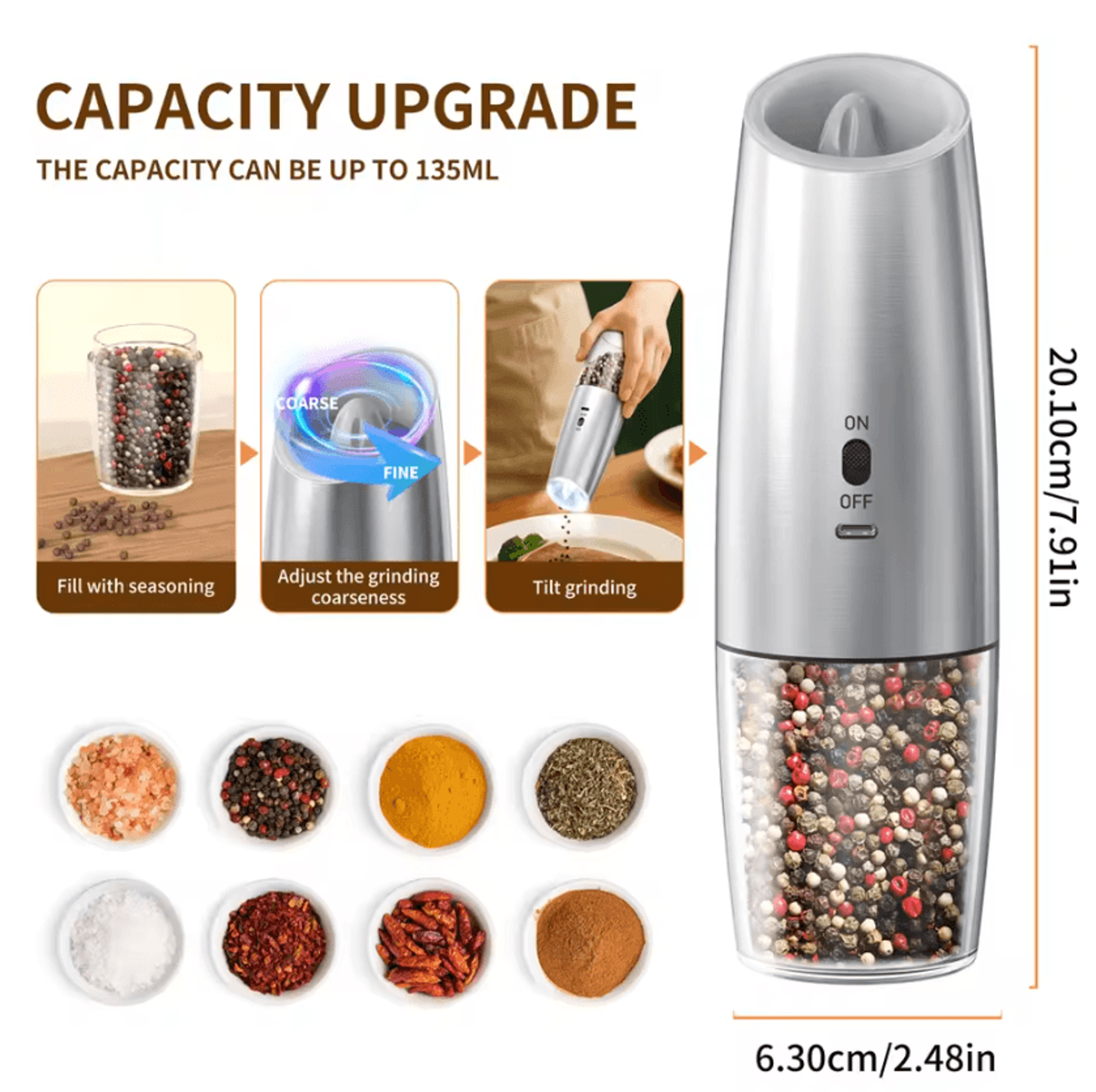 Gravity Activated Electric Salt And Pepper Grinder With Adjustable Coarseness 0