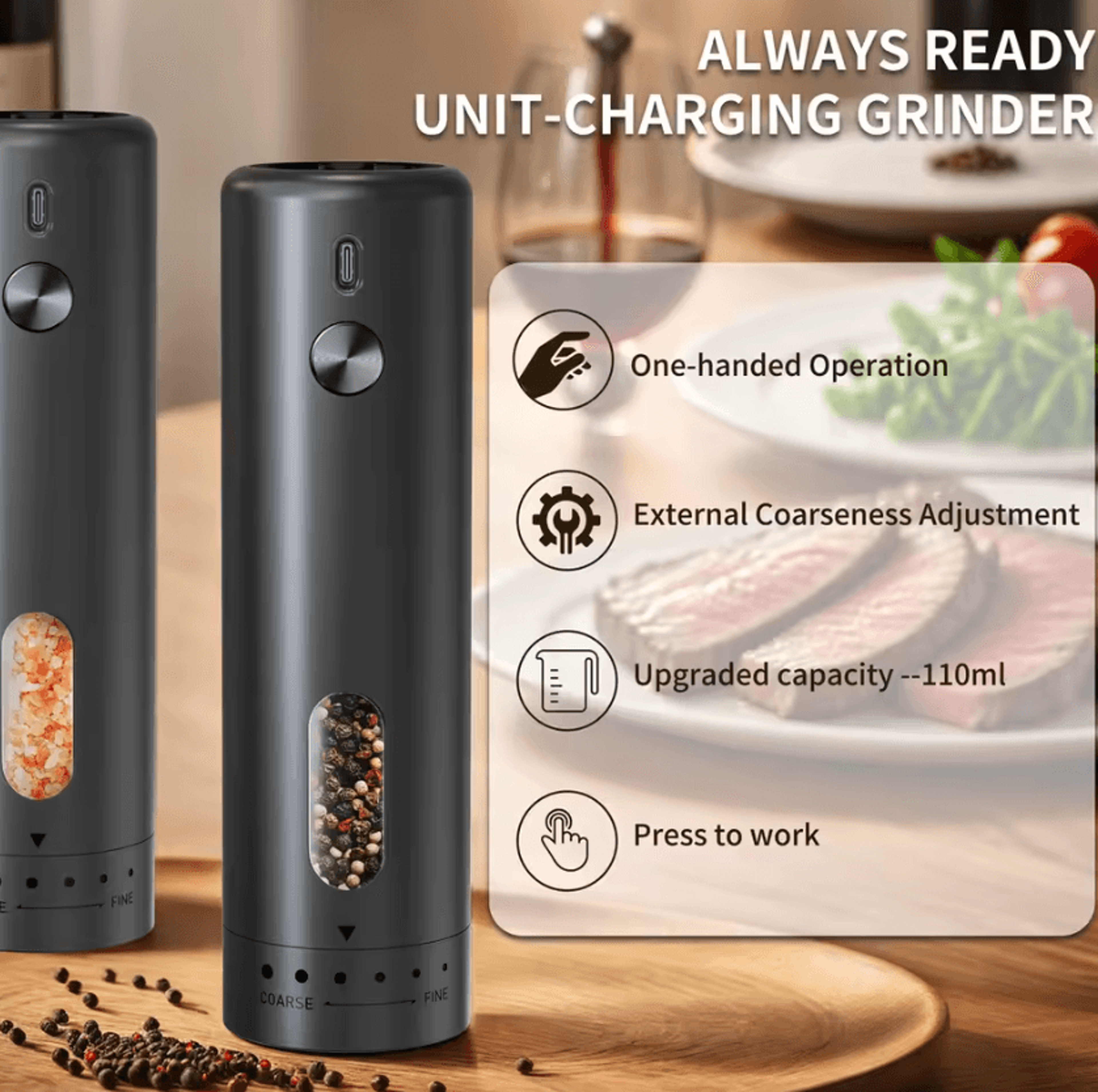 One Touch Rechargeable Salt And Pepper Grinder With LED Light 2