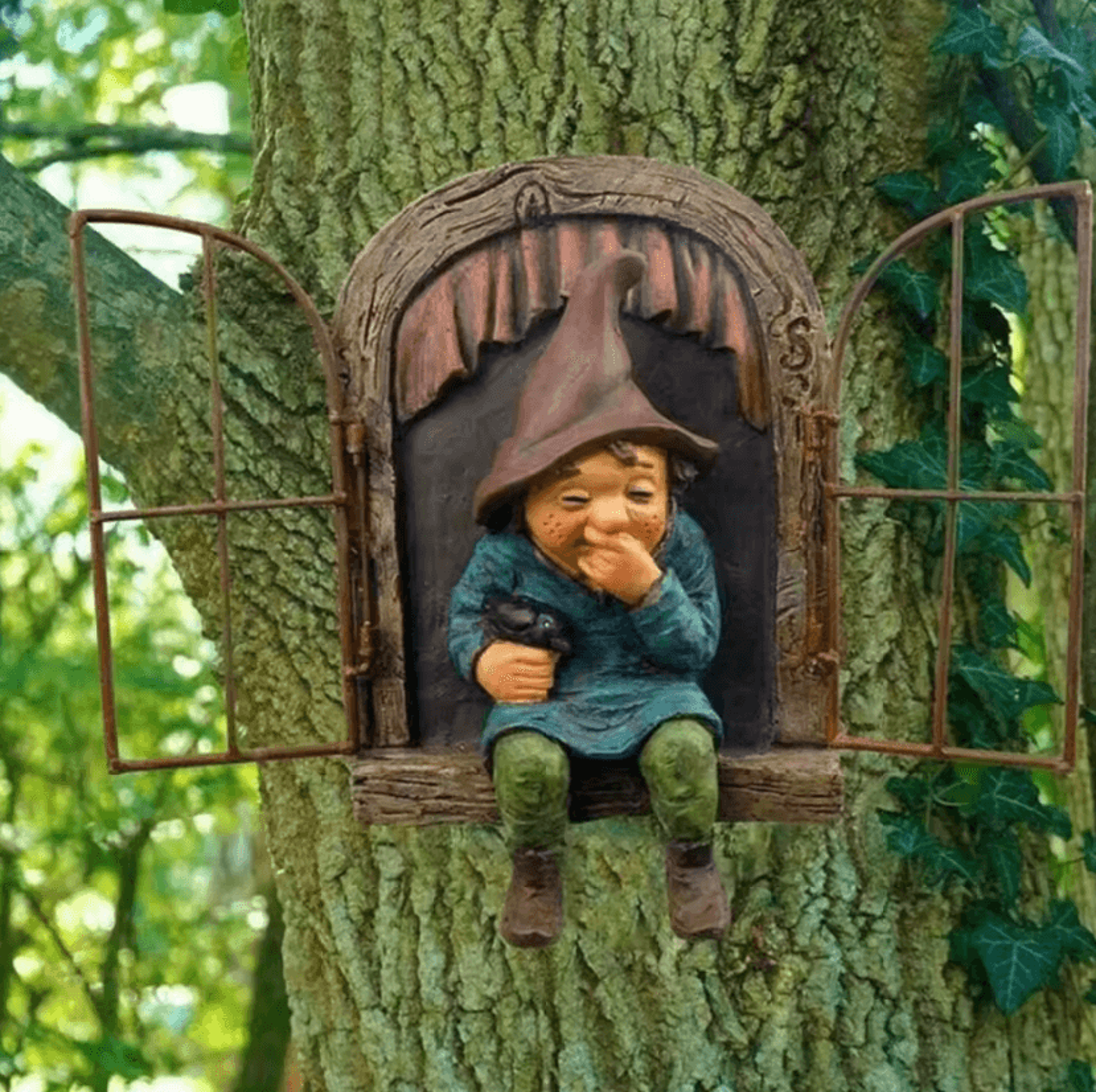 TreePeek Whimsical Elf Hugging Garden Statue 1