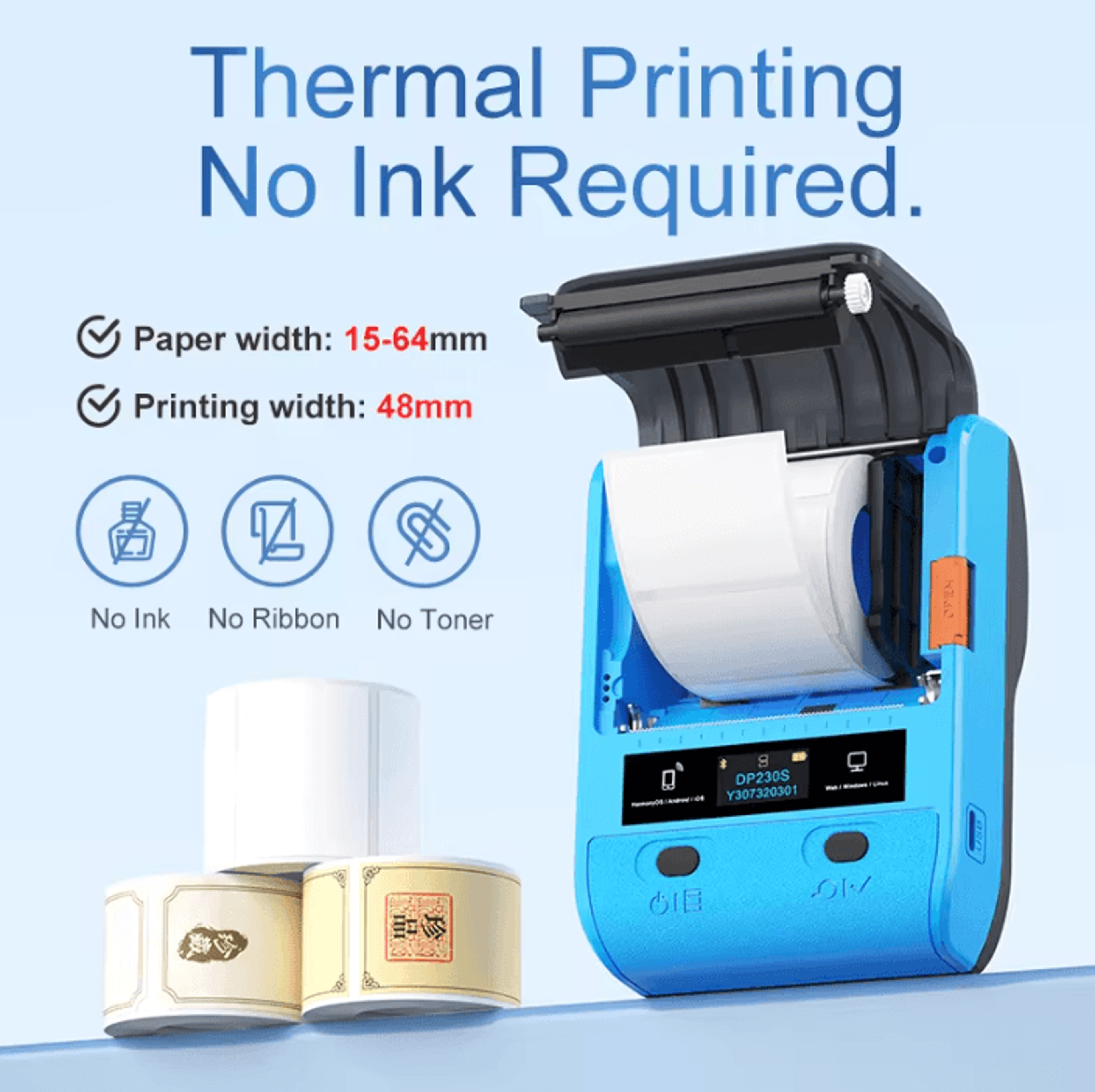 DETONGER DP230S DP30S 300DPI Bluetooth Thermal Label Printer Wireless Barcode Sticker Maker 3