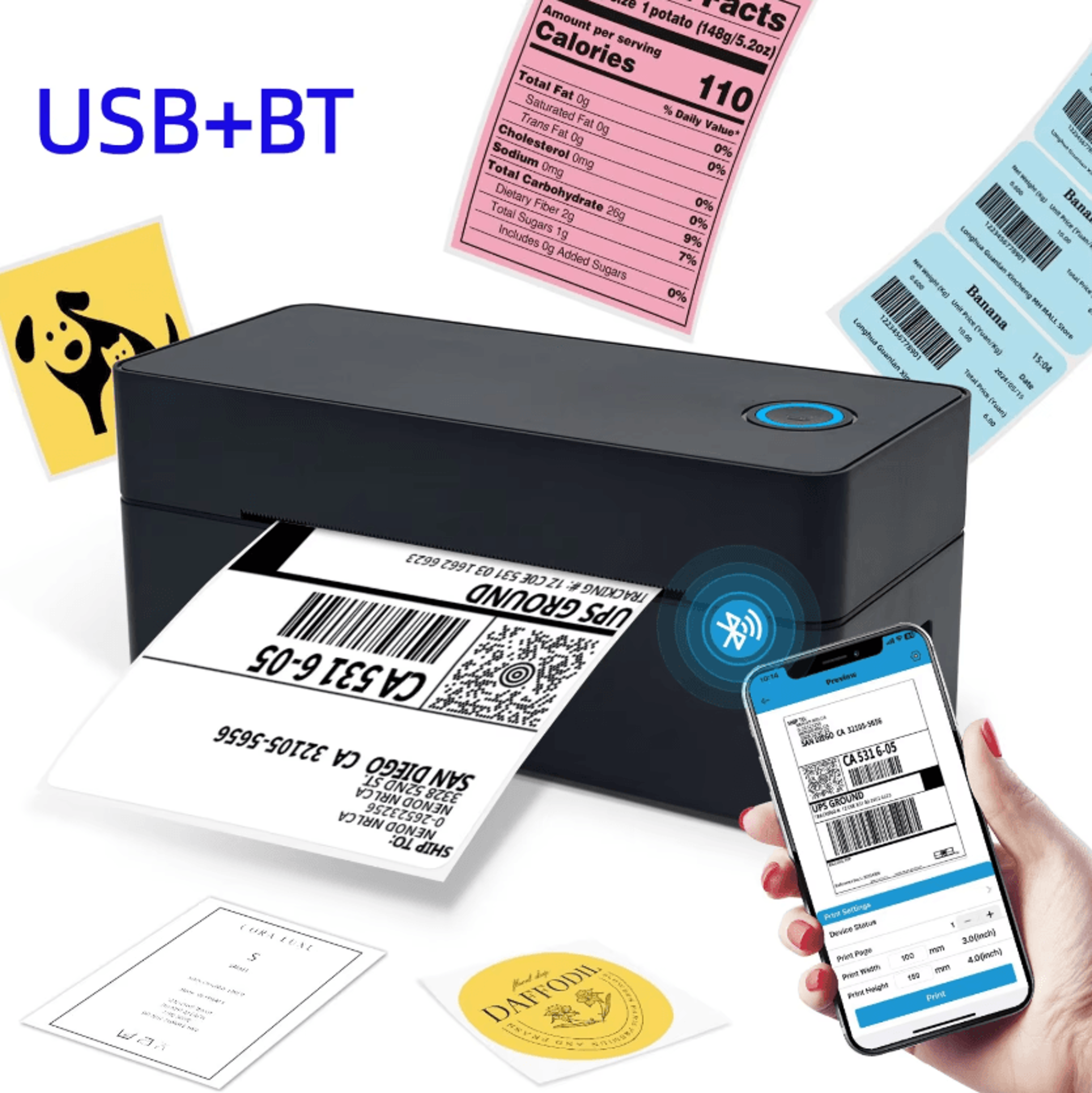 4x6 Bluetooth Thermal Shipping Label Printer 203DPI HighSpeed USB Label Maker For Small Business 0