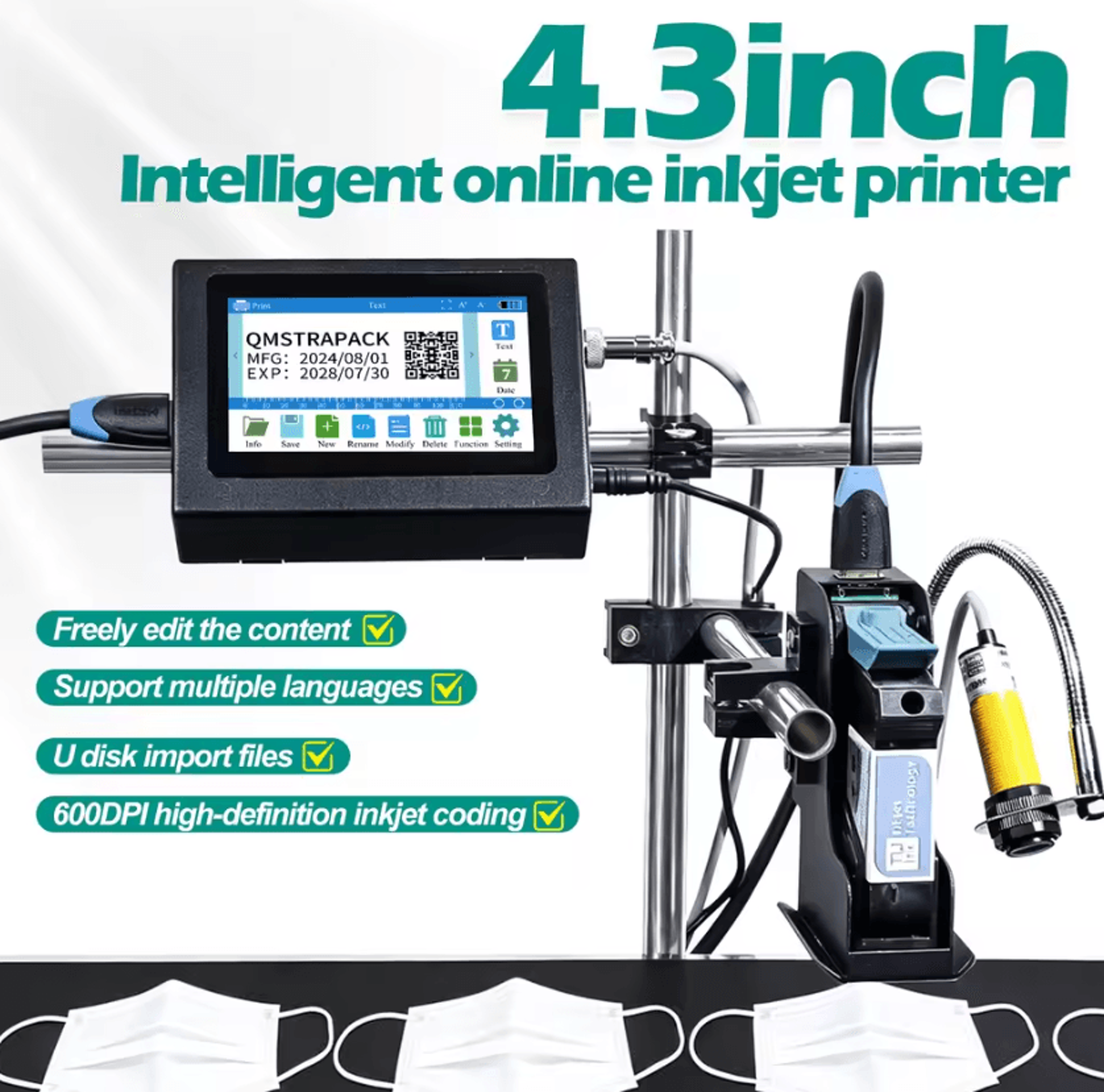 43Inch Industrial Online Inkjet Printer 127mm 254mm QR Barcode And Expiry Date Coding Machine 0