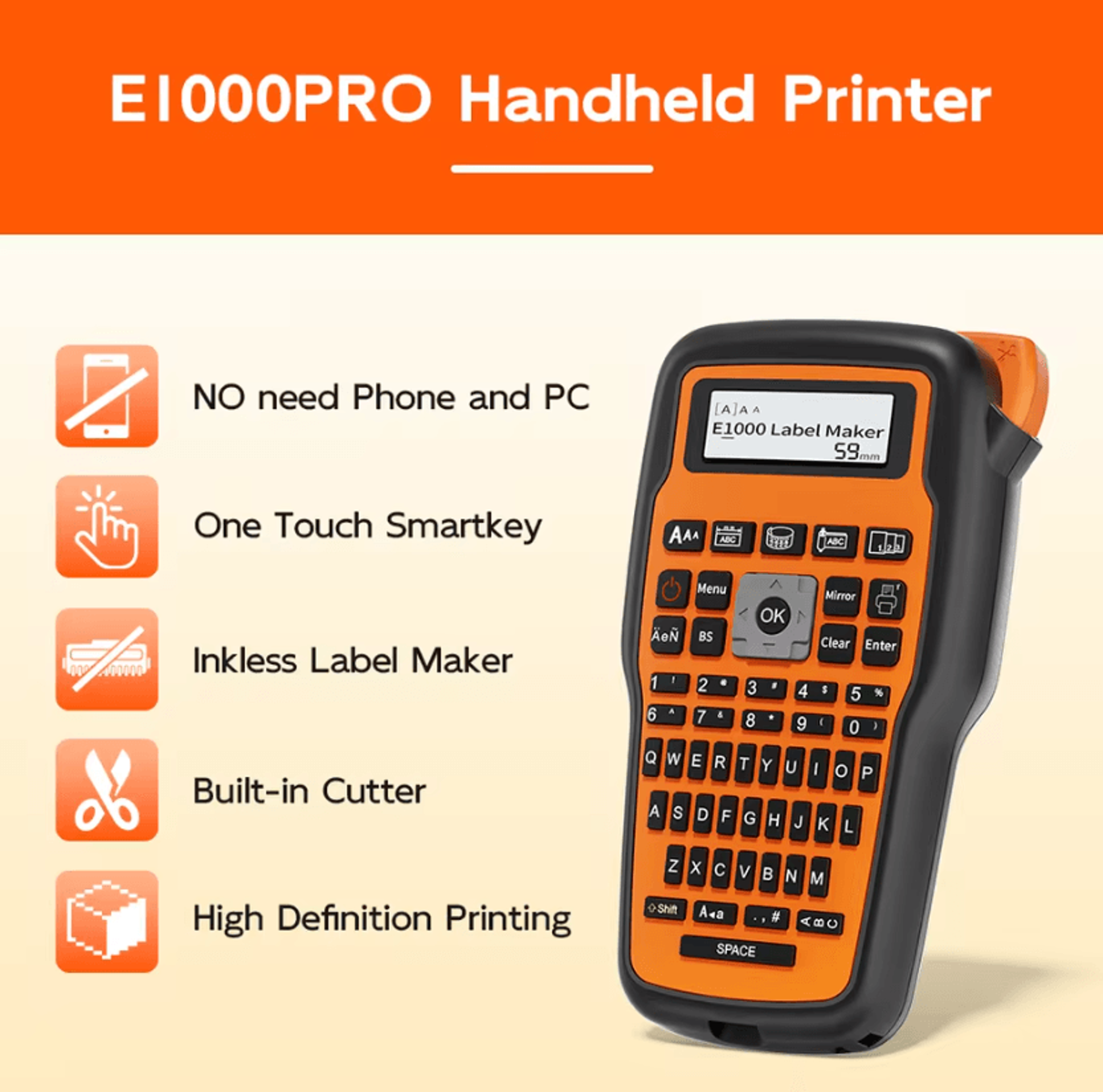 E1000PRO Handheld Label Printer 612mm Cable Wire Marker And Heat Shrink Tube Label Maker 1