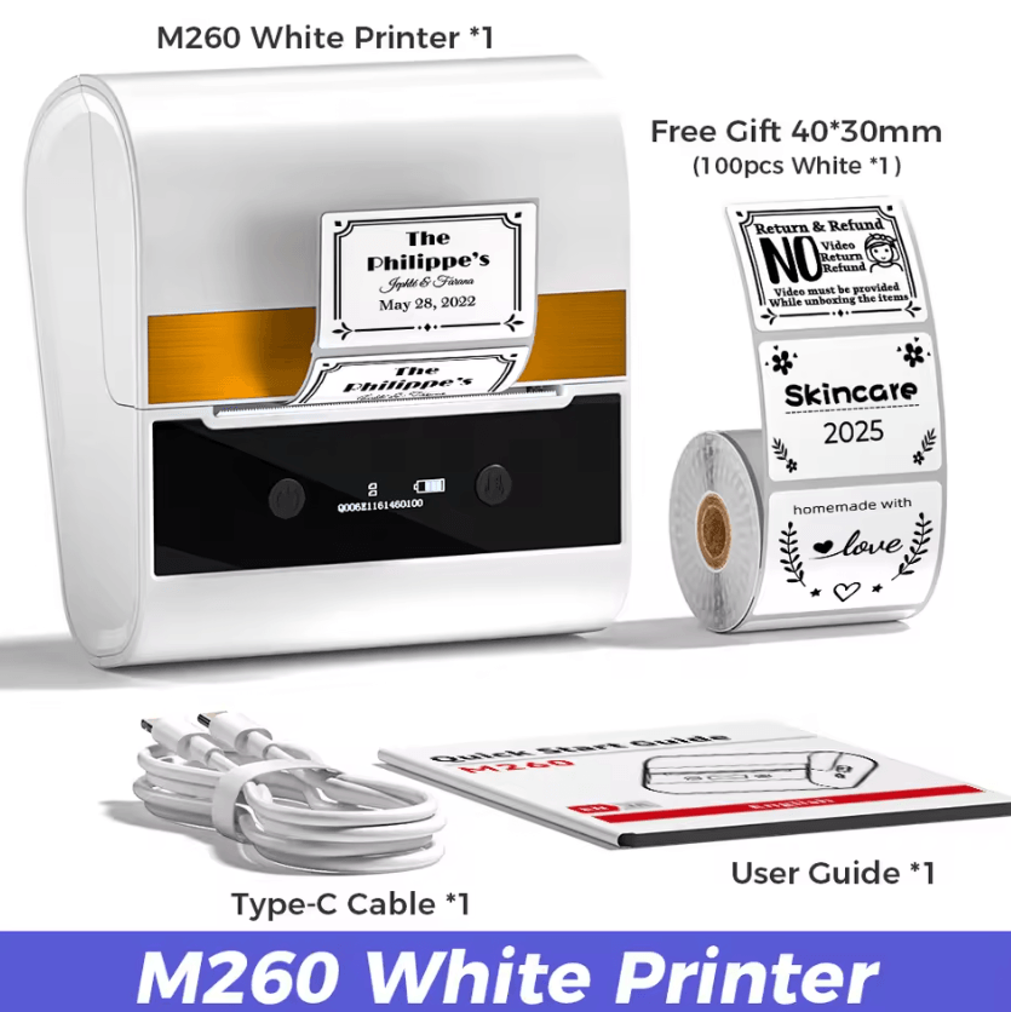 Phomemo M260 Bluetooth Thermal Label Printer 2080mm Portable Inkless Sticker Maker For Business And 6