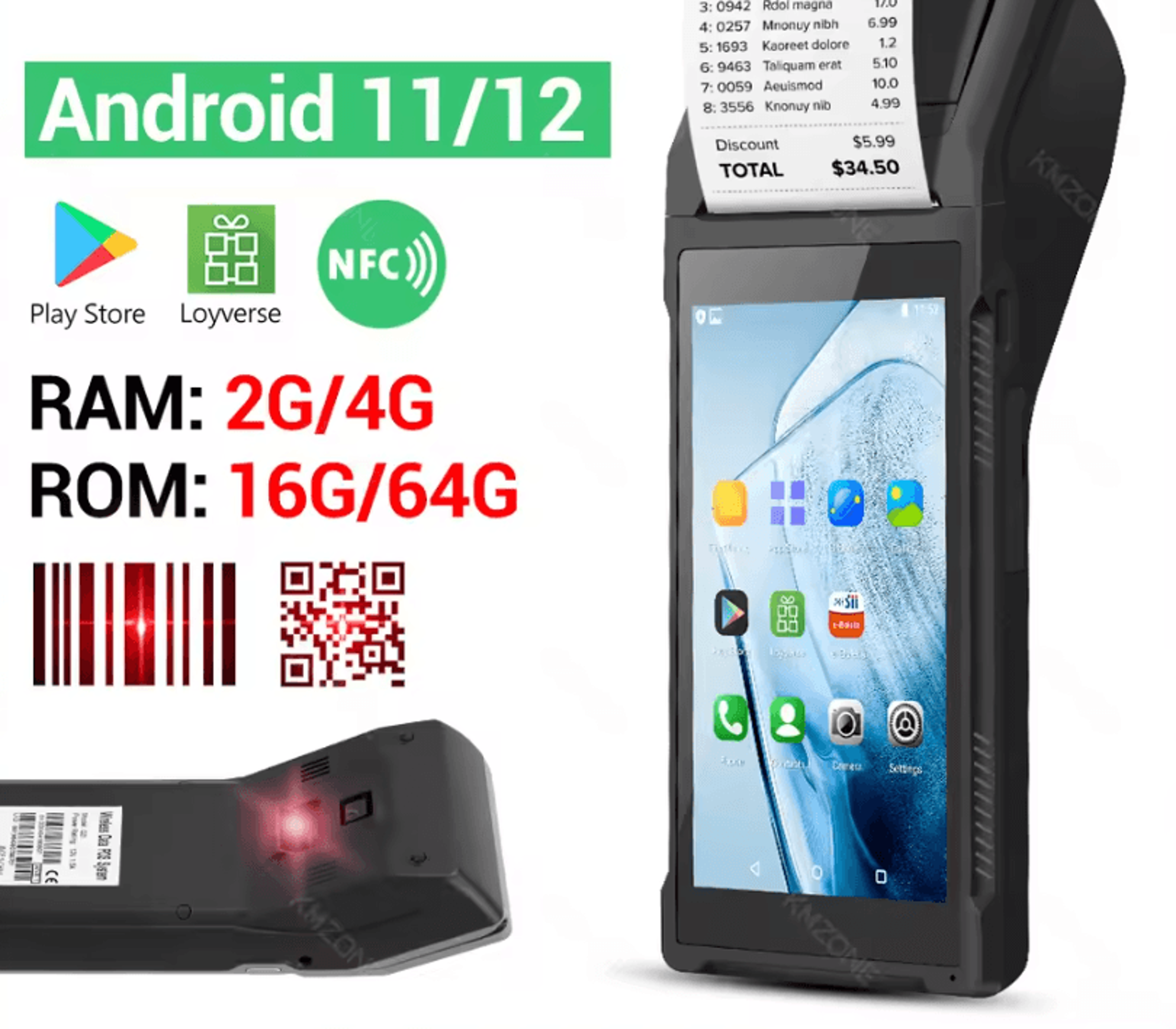 Android Handheld POS Terminal With 2D Barcode Scanner NFC And 58mm Thermal Receipt Printer 0