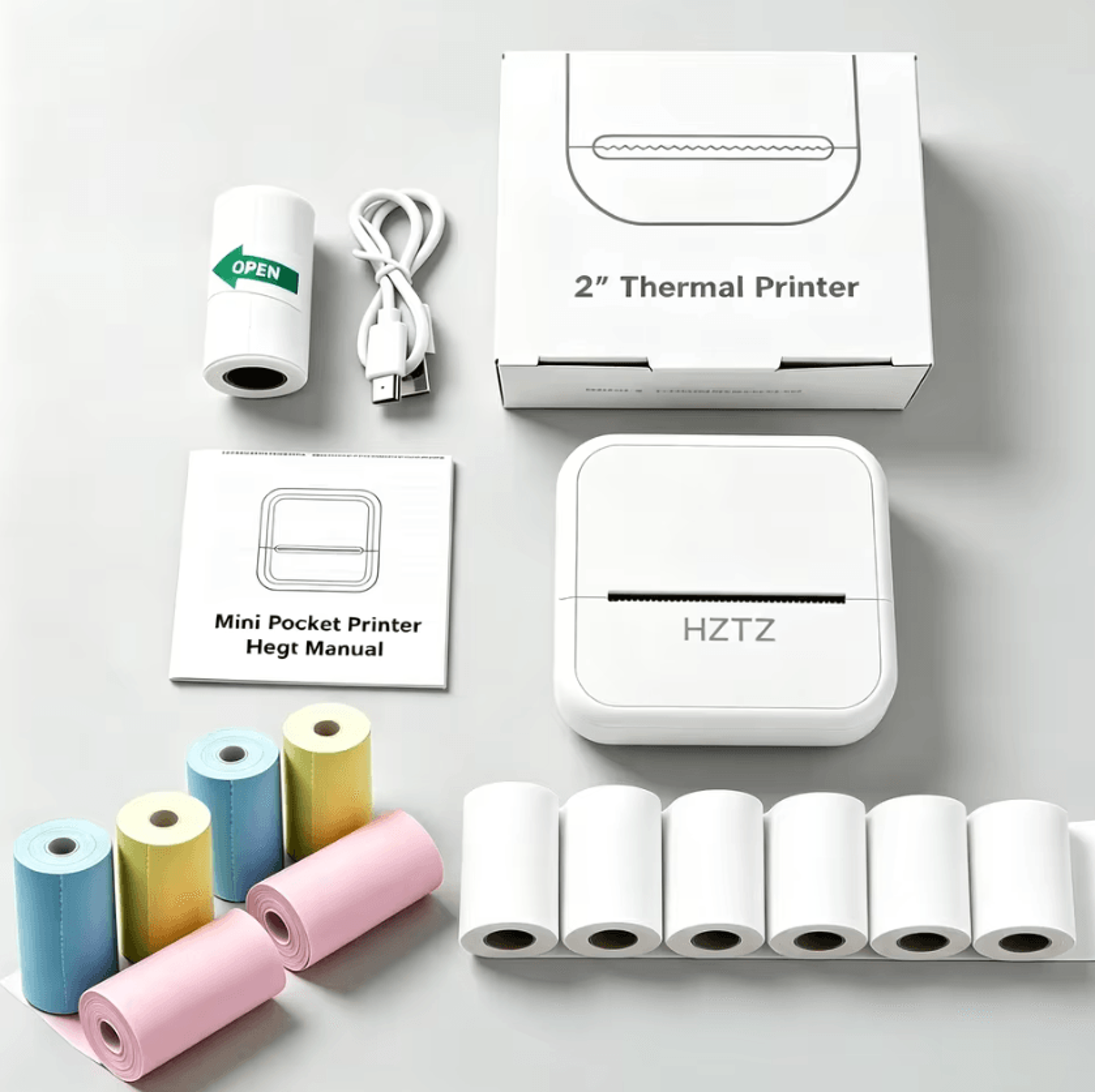 Mini Wireless Thermal Photo Printer Portable Inkless Pocket Printer With 12 Paper Rolls And USB Int 8