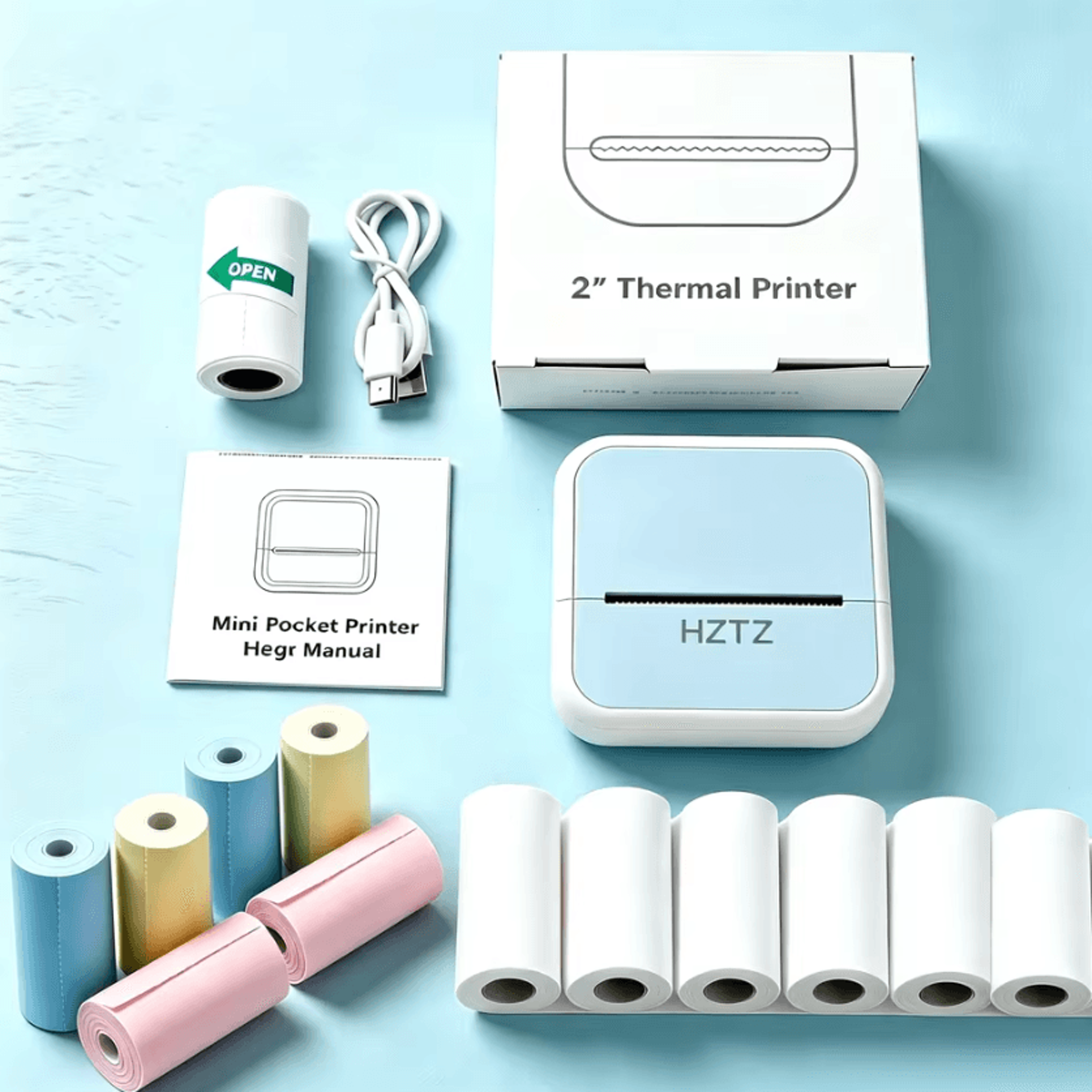 Mini Wireless Thermal Photo Printer Portable Inkless Pocket Printer With 12 Paper Rolls And USB Int 5