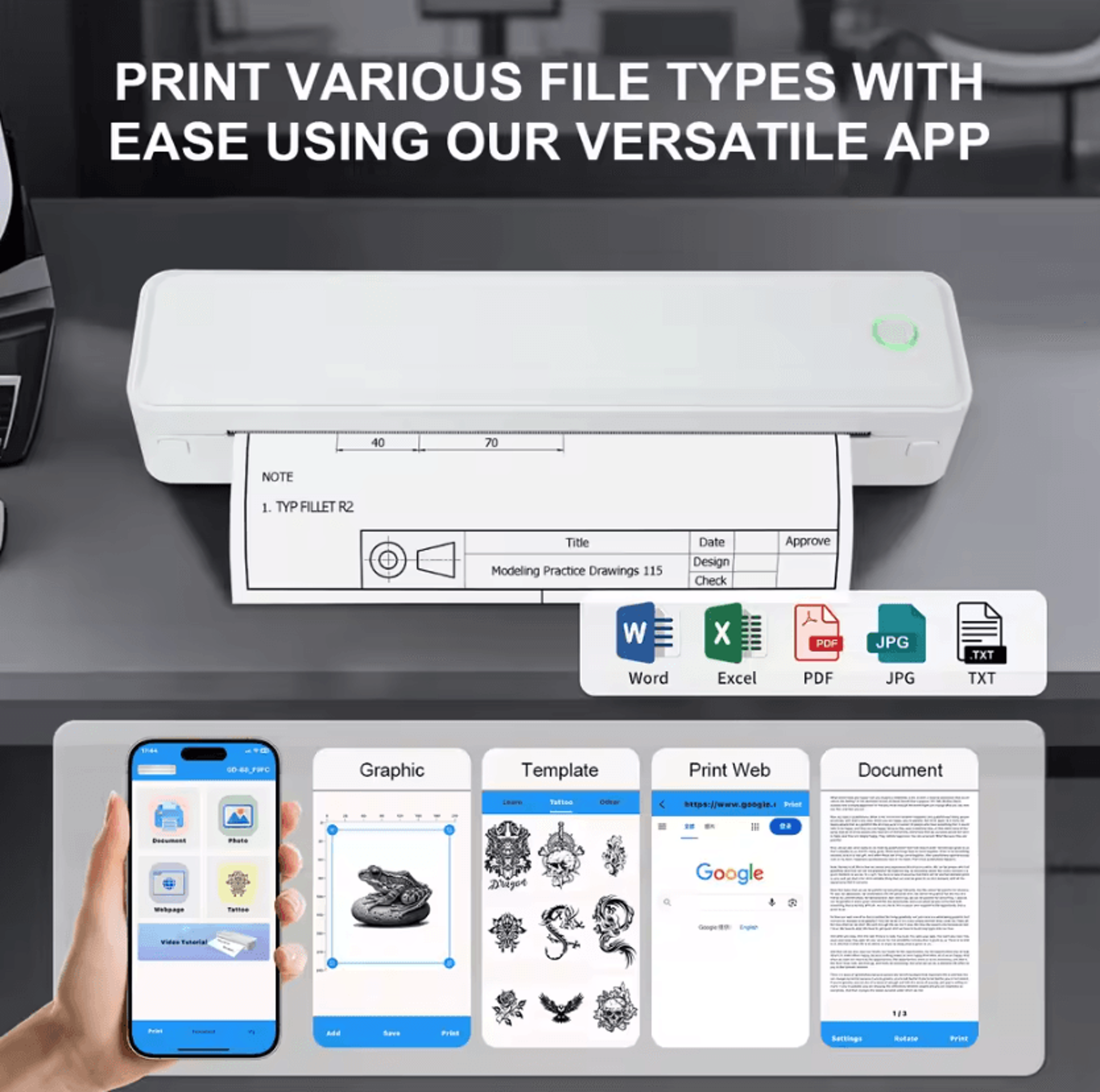 A4 Portable Bluetooth Thermal Printer 203DPI Rechargeable Inkless Wireless Document Printer For Bus 1
