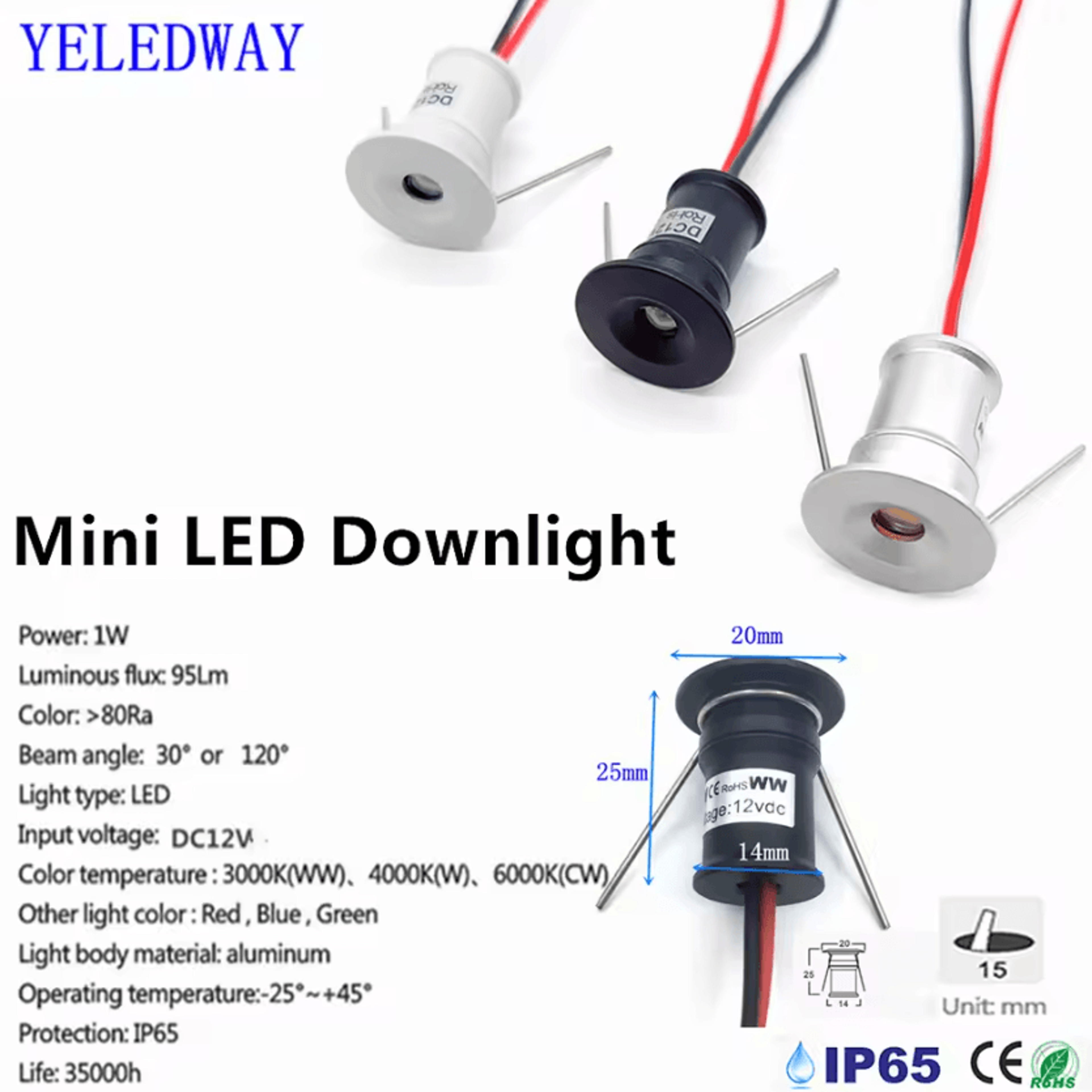 1W IP65 Dimmable LED Recessed Downlight 12V 15mm Mini Spotlight For Kitchen Cabinets And Ceilings 1