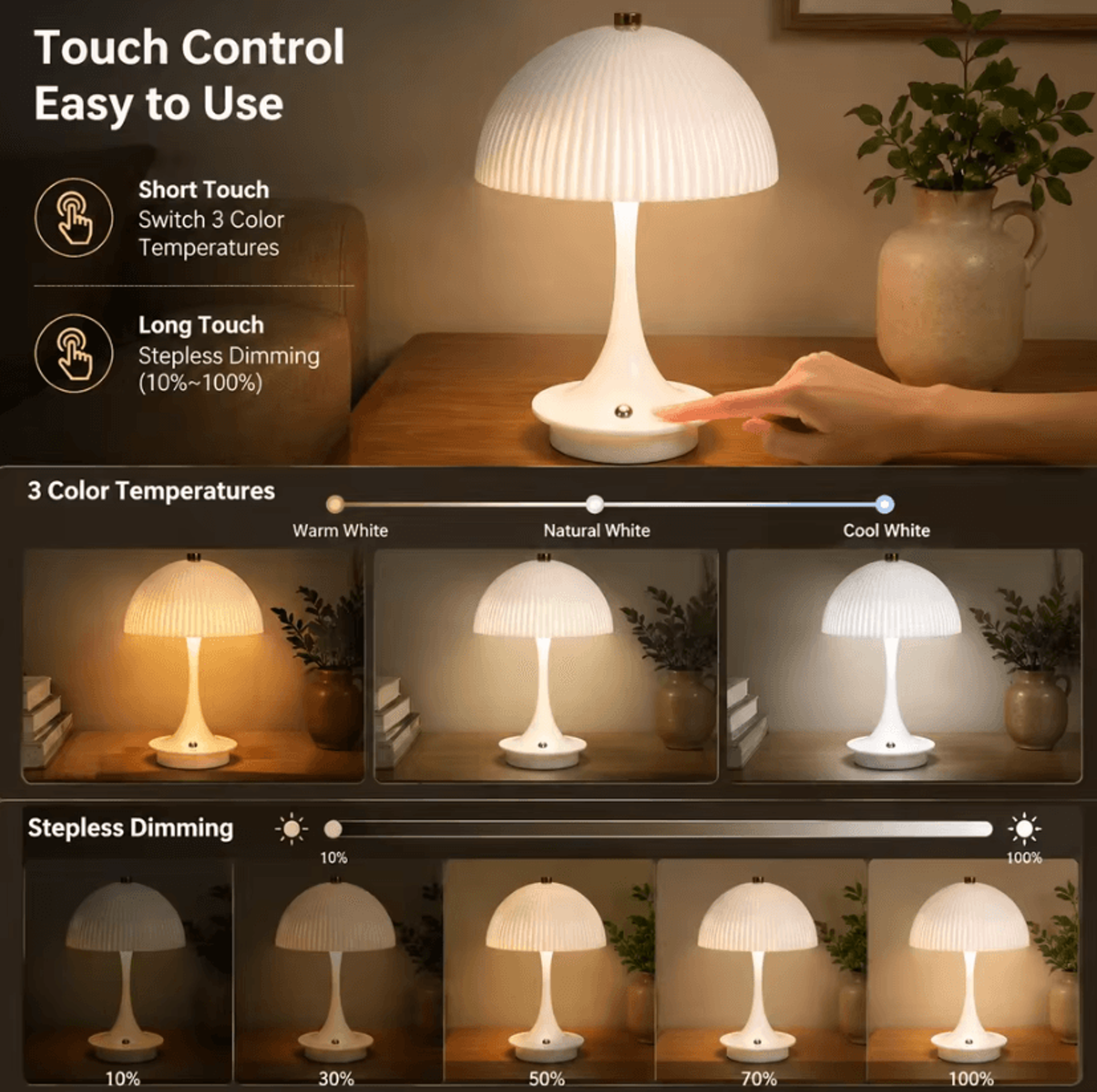Modern LED Mushroom Table Lamp Rechargeable Touch Dimmable Bedside Light With 3 Colors For Bedroom  1