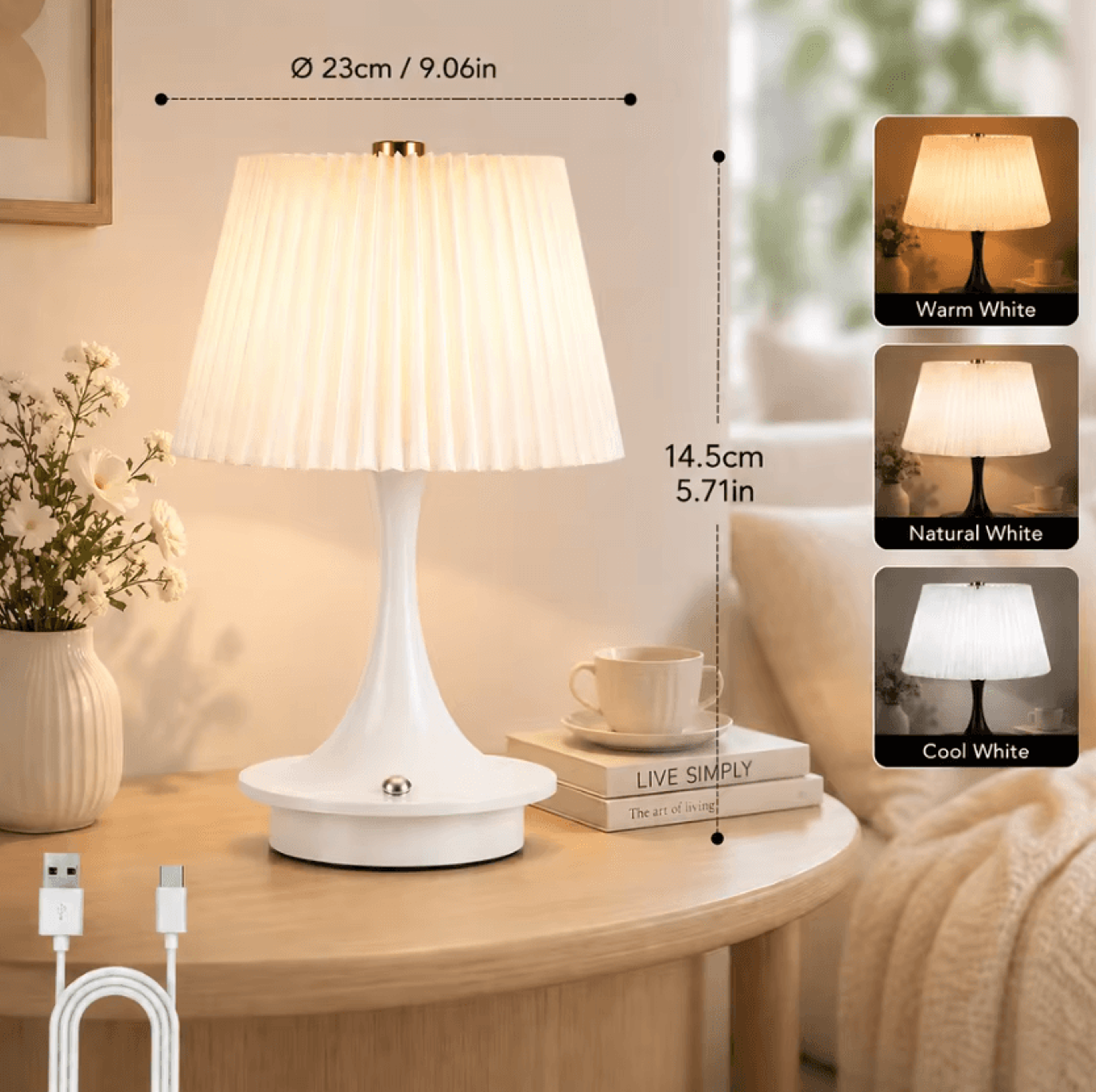 Modern Pleated Fabric LED Table Lamp Rechargeable Touch Control 3Color Bedside Light For Cafe And H 4