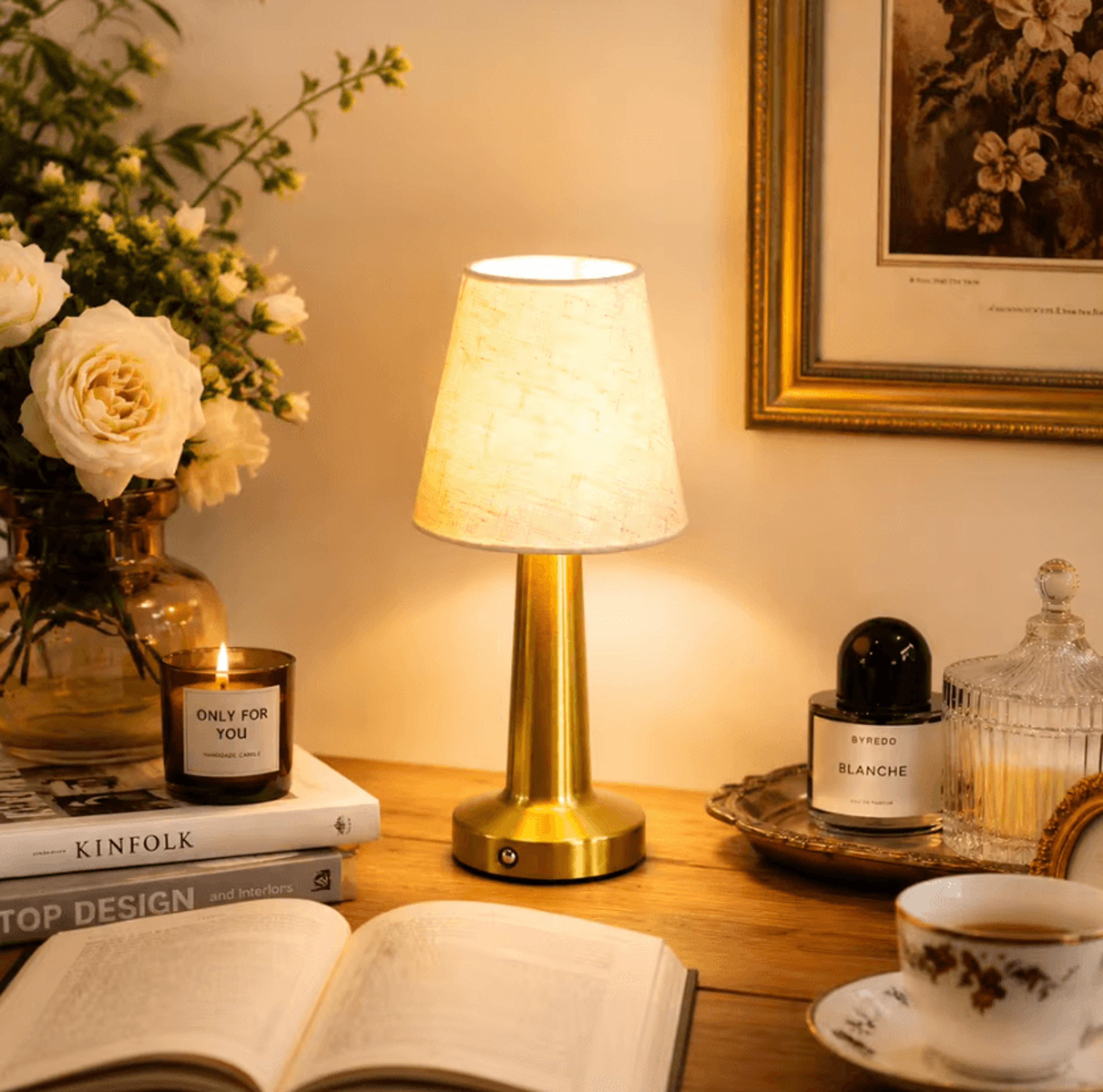 Rechargeable Fabric Shade LED Table Lamp 1800mAh Touch Control 3Color Bedside Light For Bedroom And 5