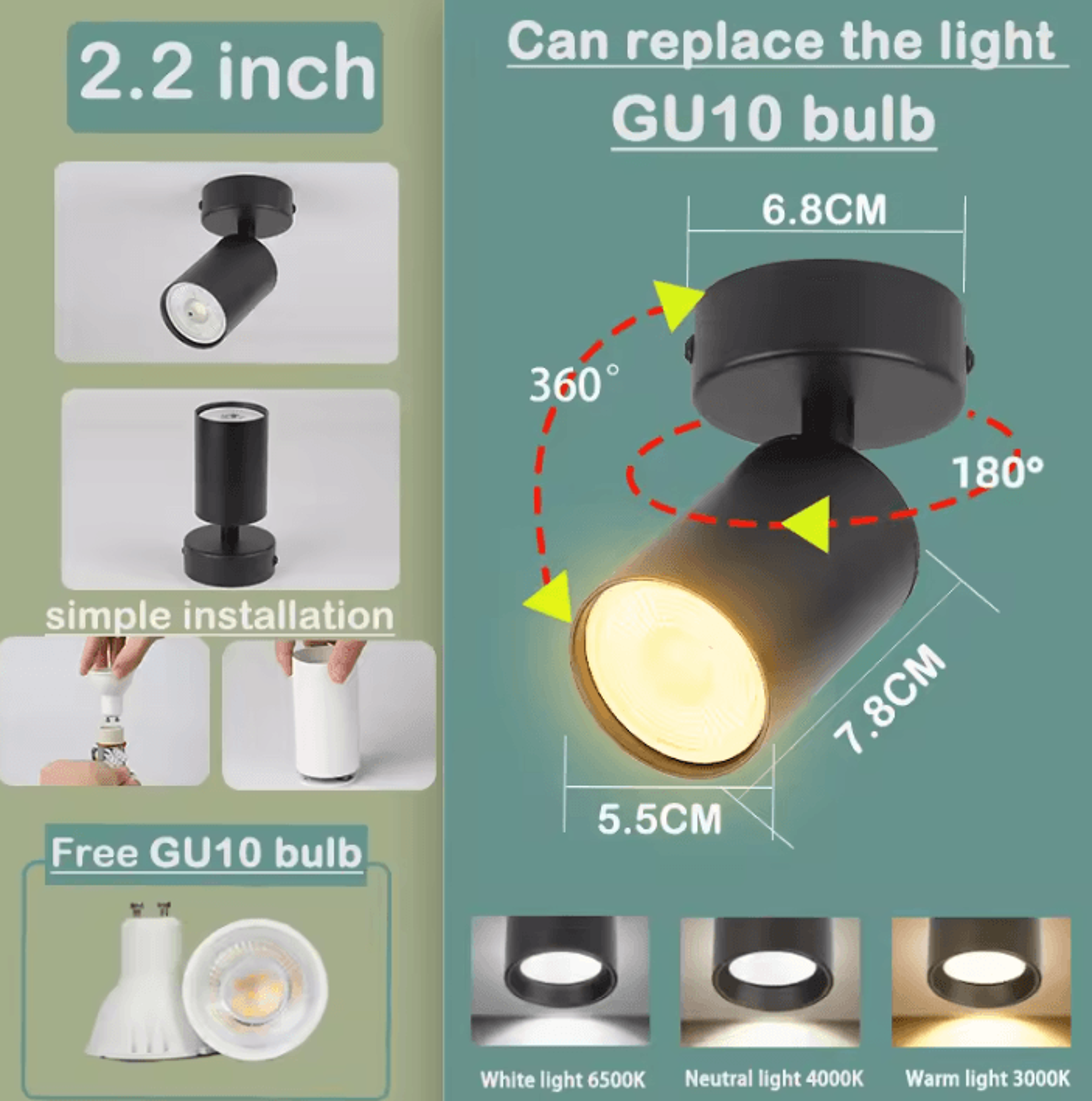 GU10 Aluminum LED Ceiling Downlight AC85265V Replaceable Bulb Spotlight For Bedroom Porch And Livin 5