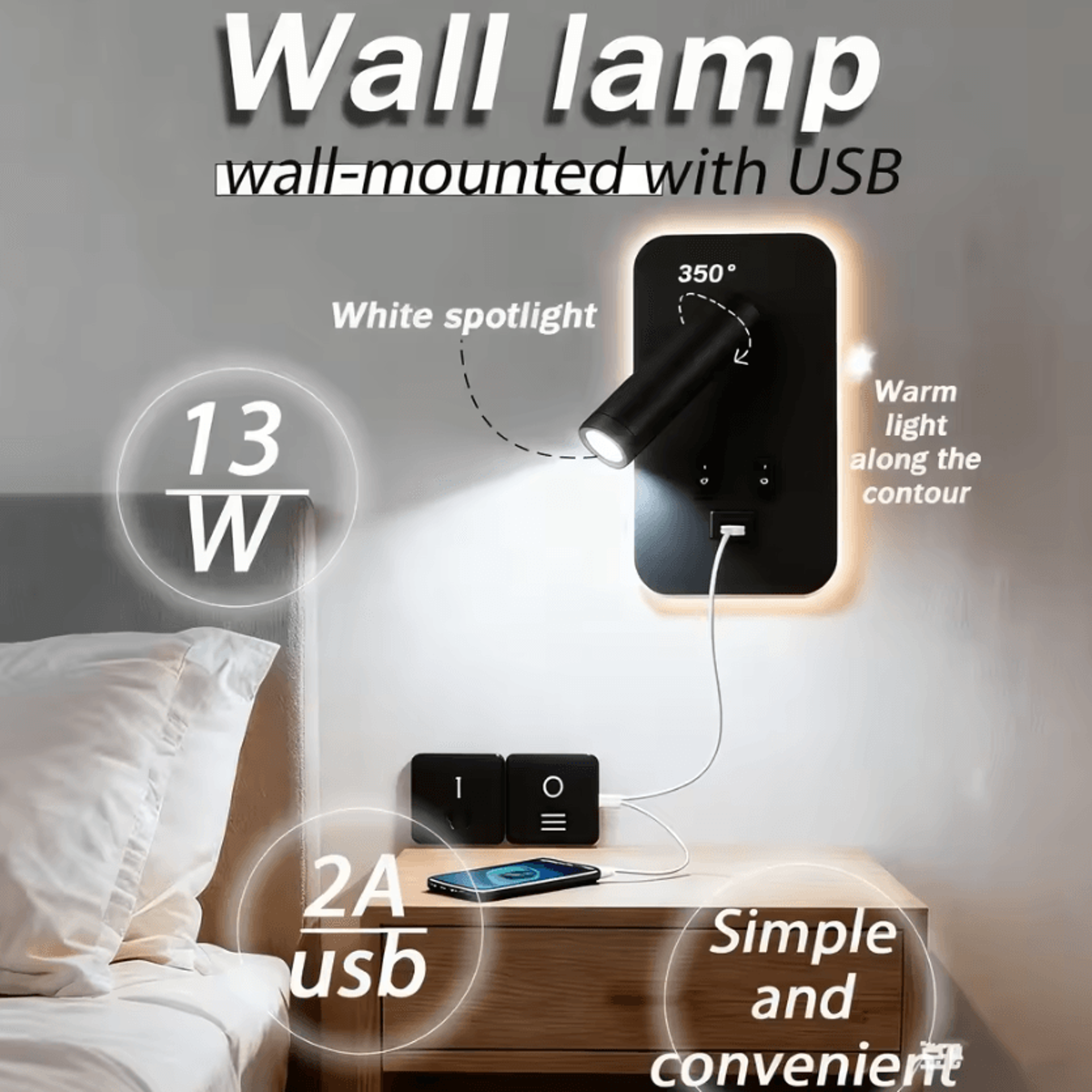 13W LED Bedside Reading Wall Lamp With USB Port Rotatable Spotlight And Dual Switch For Bedroom Lig 0