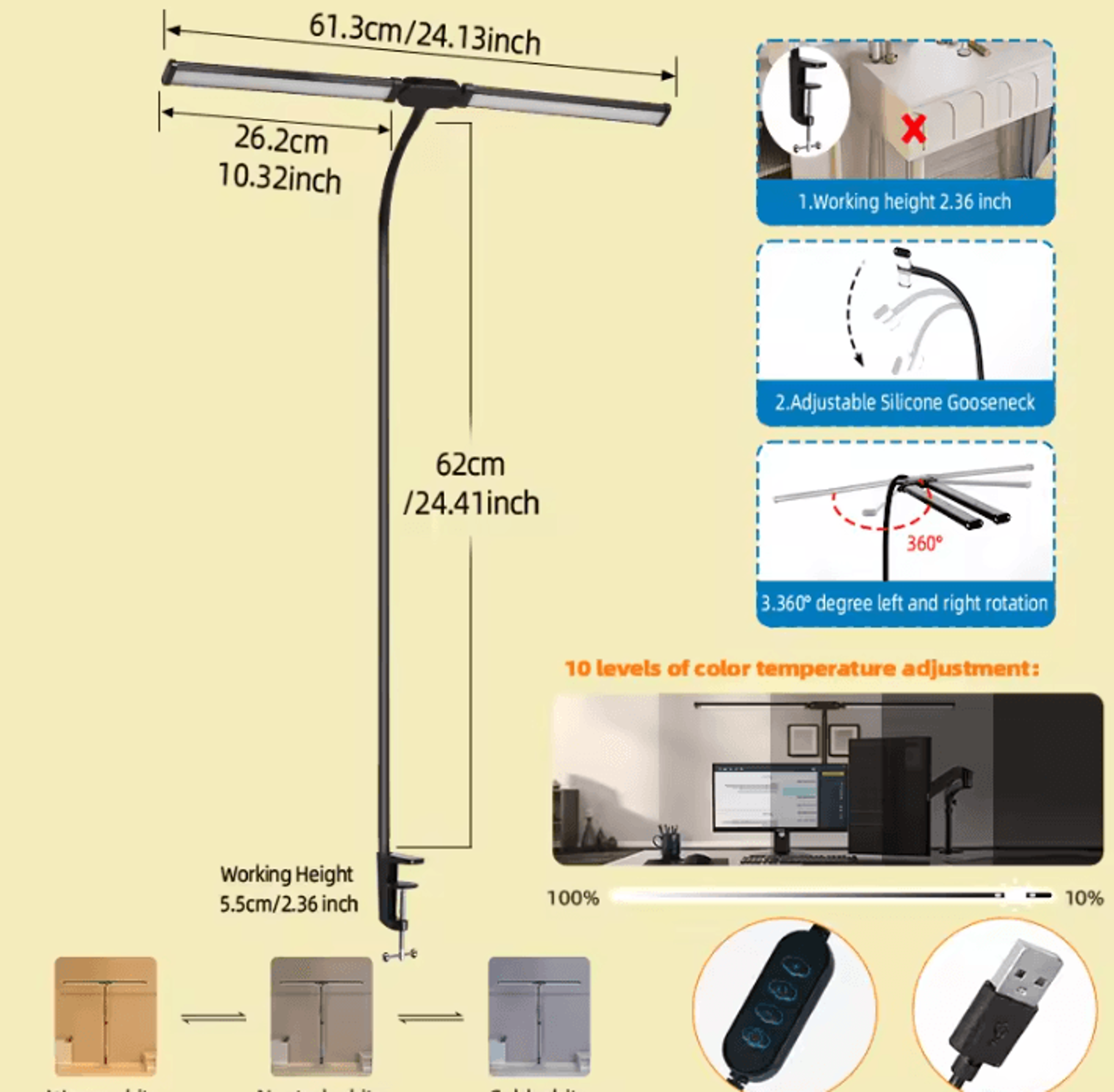 24W Double Head LED Monitor Light Bar USB Stepless Dimmable Screen Lamp For Office Study And Readin 4