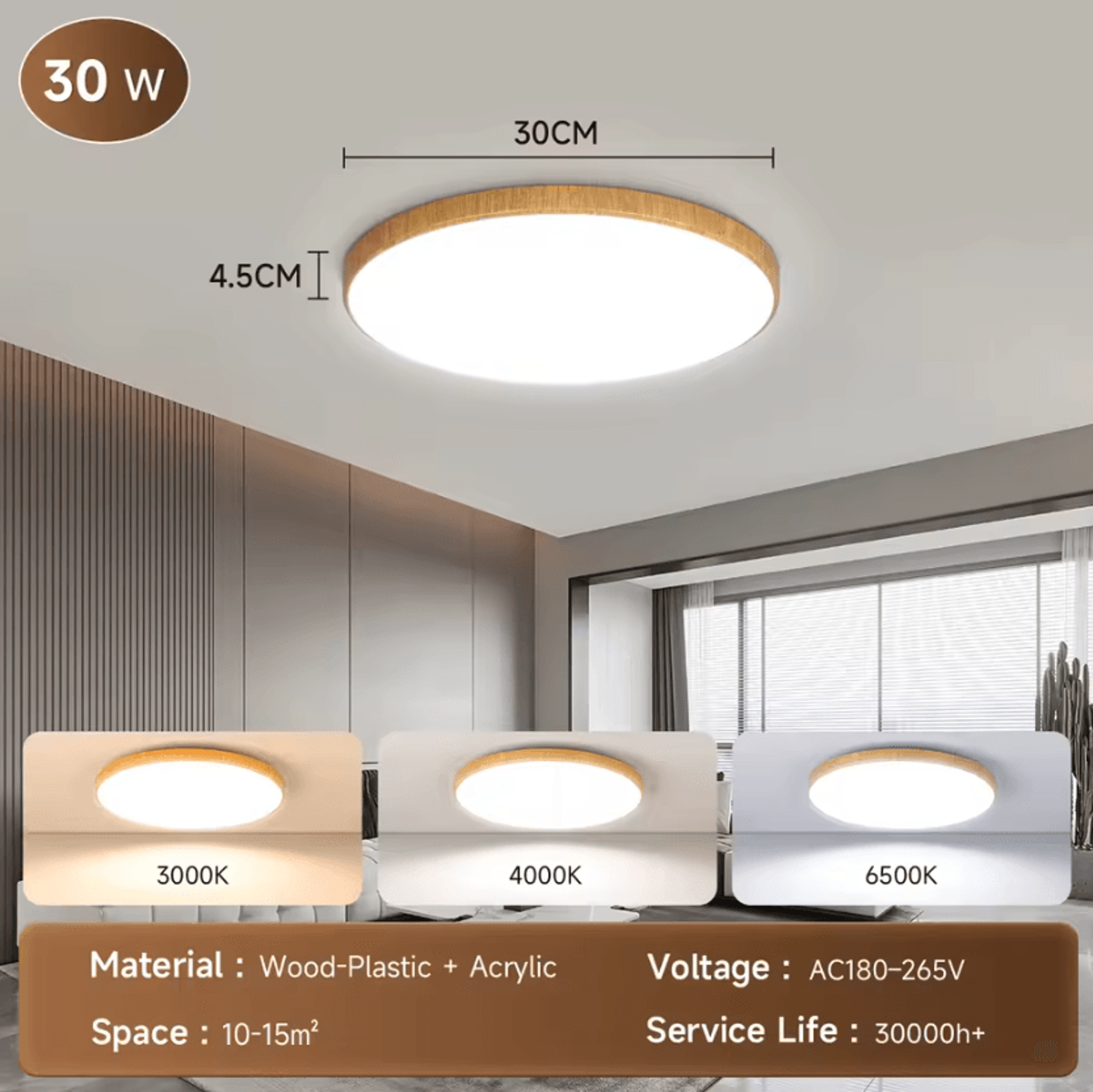 Modern Wood Grain LED Ceiling Light Tricolor Decorative Panel Lamp For Kitchen Living Room Bedroom  4