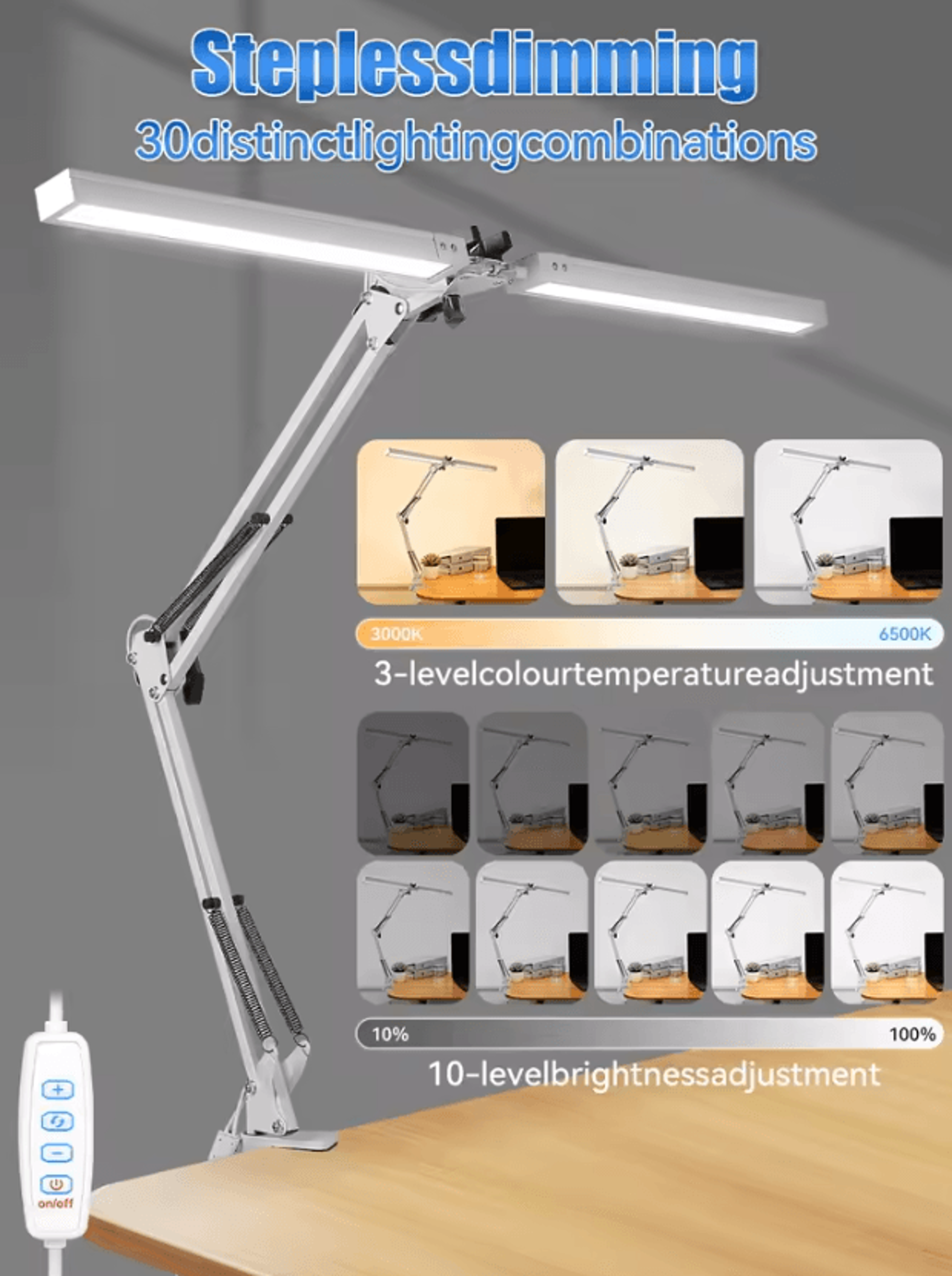 Dual Head LED Desk Lamp Stepless Dimmable USB Computer Monitor Light For Office Study And Reading 3