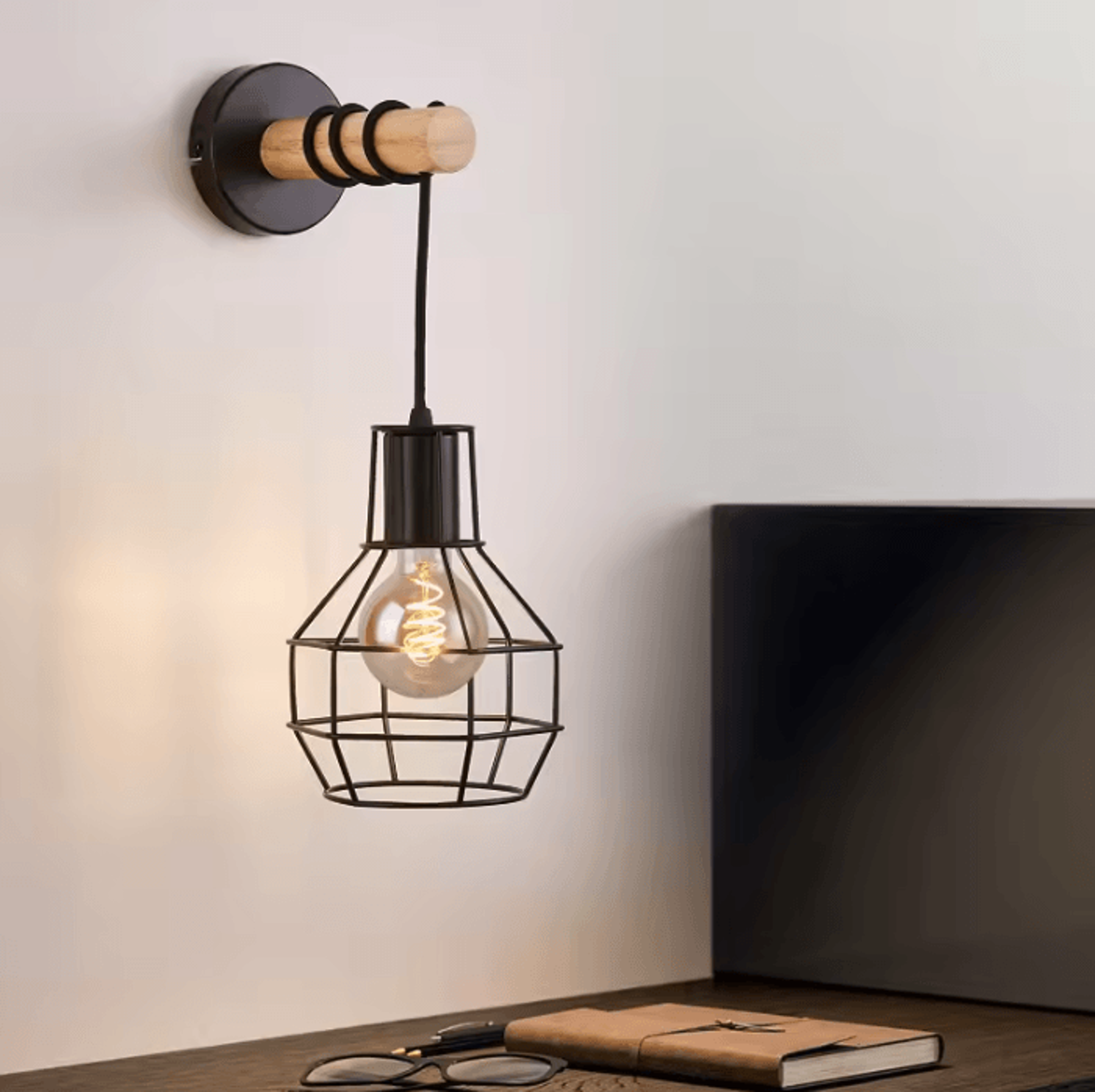 Modern Retro Black Cage Wall Sconce With Wooden Base For Bedroom Hallway And Indoor Decor 3