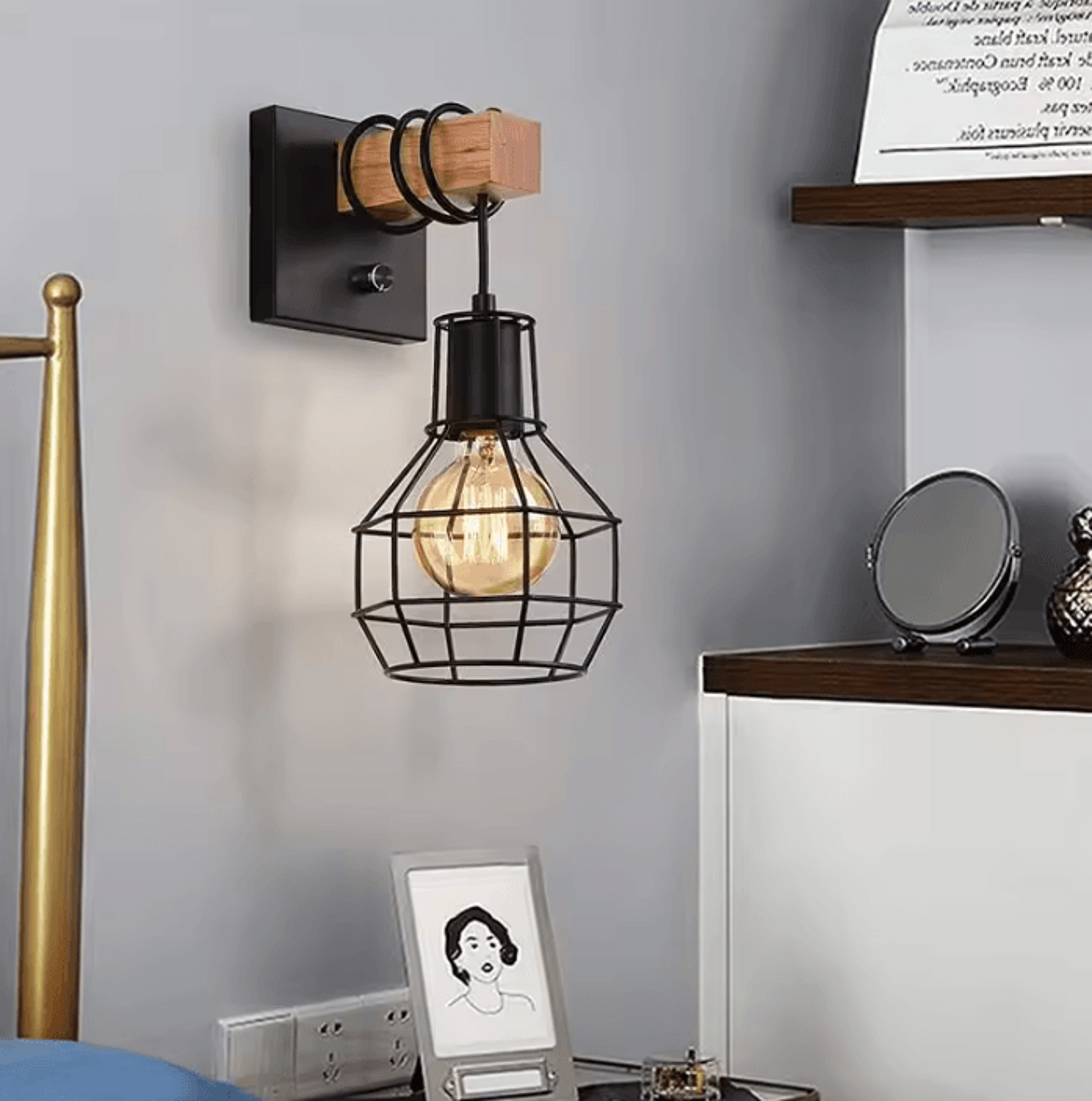 Modern Retro Black Cage Wall Sconce With Wooden Base For Bedroom Hallway And Indoor Decor 2