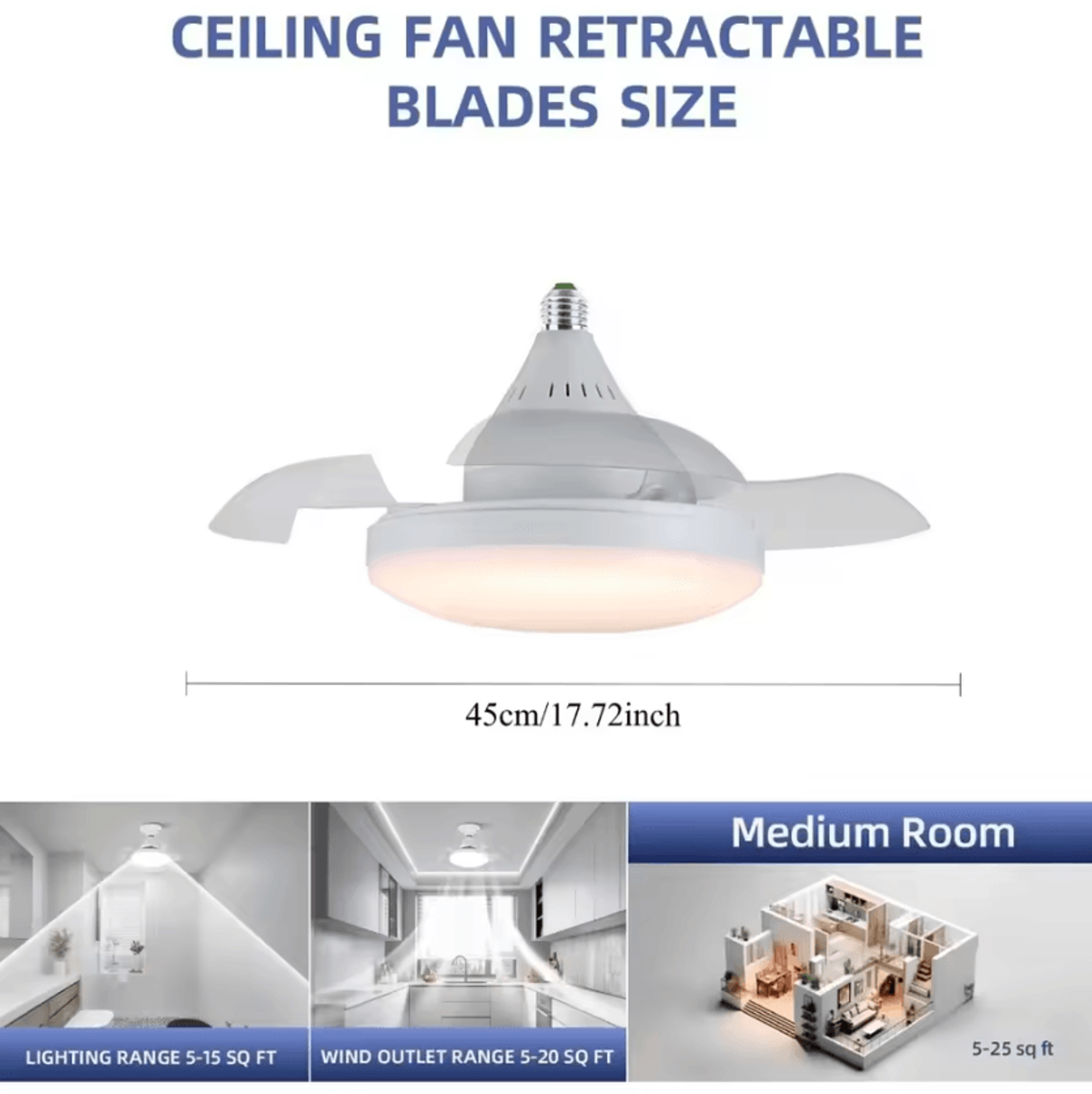 JOYINLED Retractable Ceiling Fan Light With Remote Control 3 Speeds Dimmable LED White 3