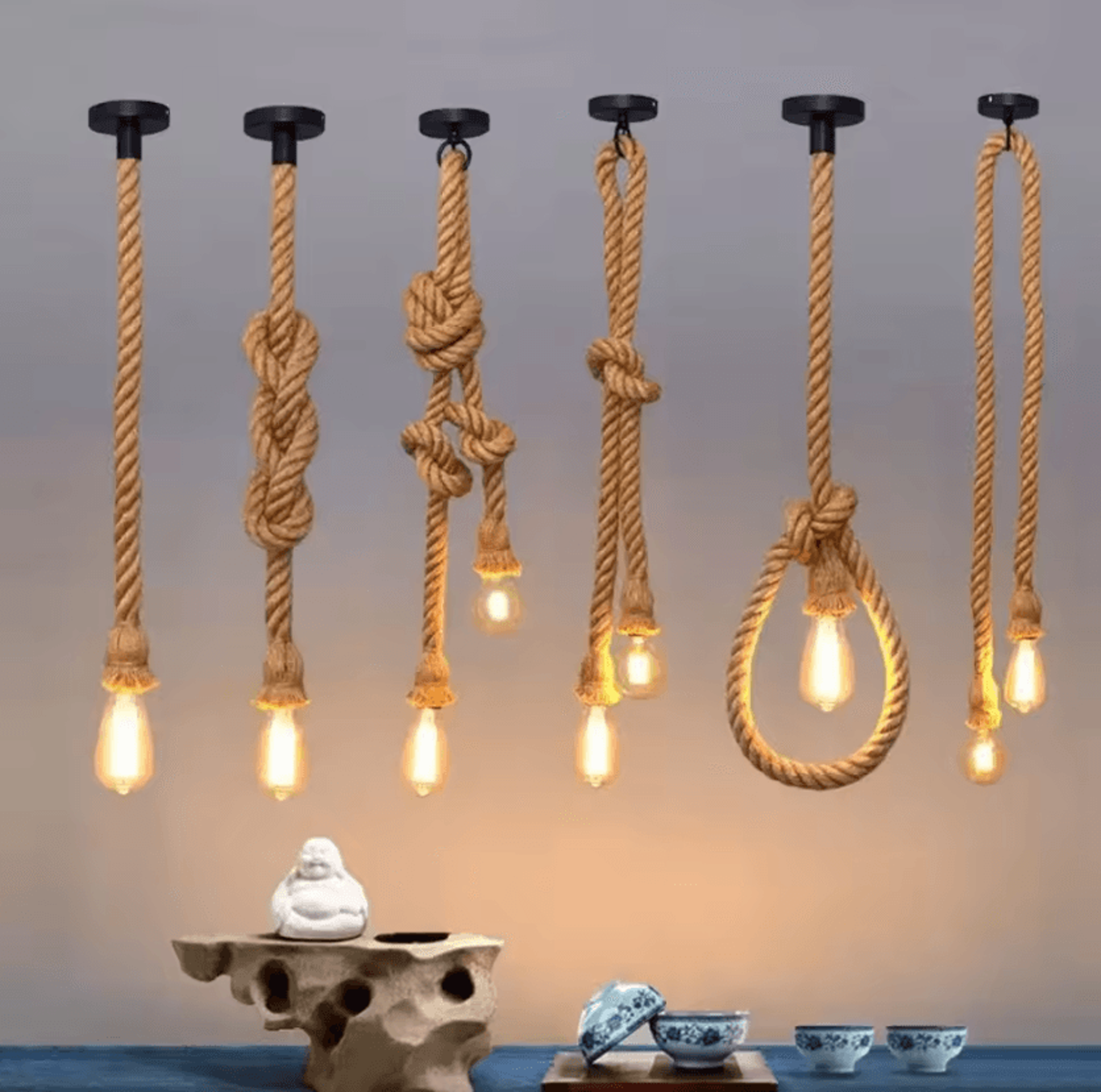 Vintage Hemp Rope Pendant Light Rustic Edison Hanging Chandelier 1510PCS For Farmhouse Home Decor 0