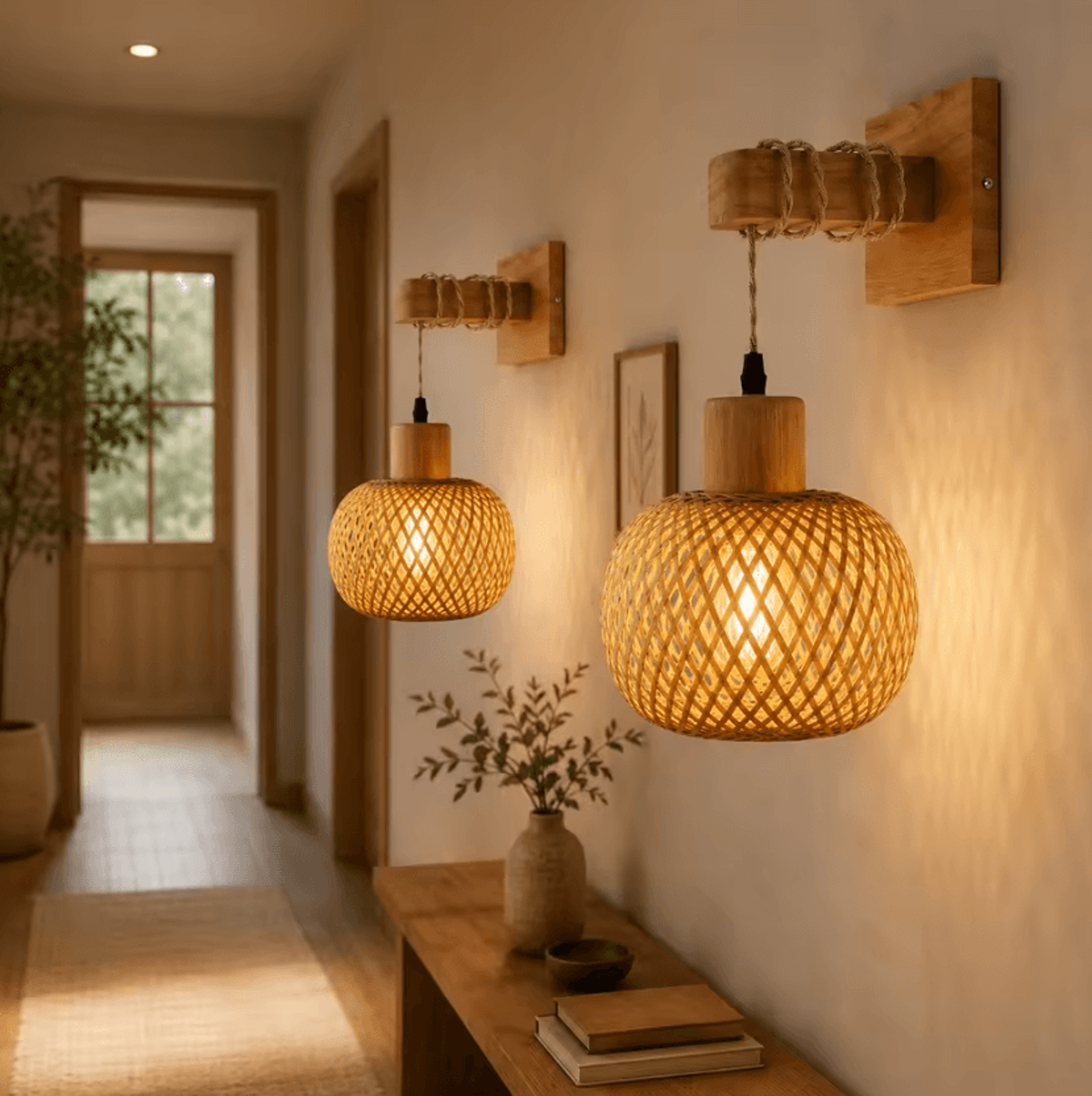 JOYINLED Handwoven Bamboo Rattan Wall Sconce E27 Boho Farmhouse Lamp For Bedroom And Hallway 1