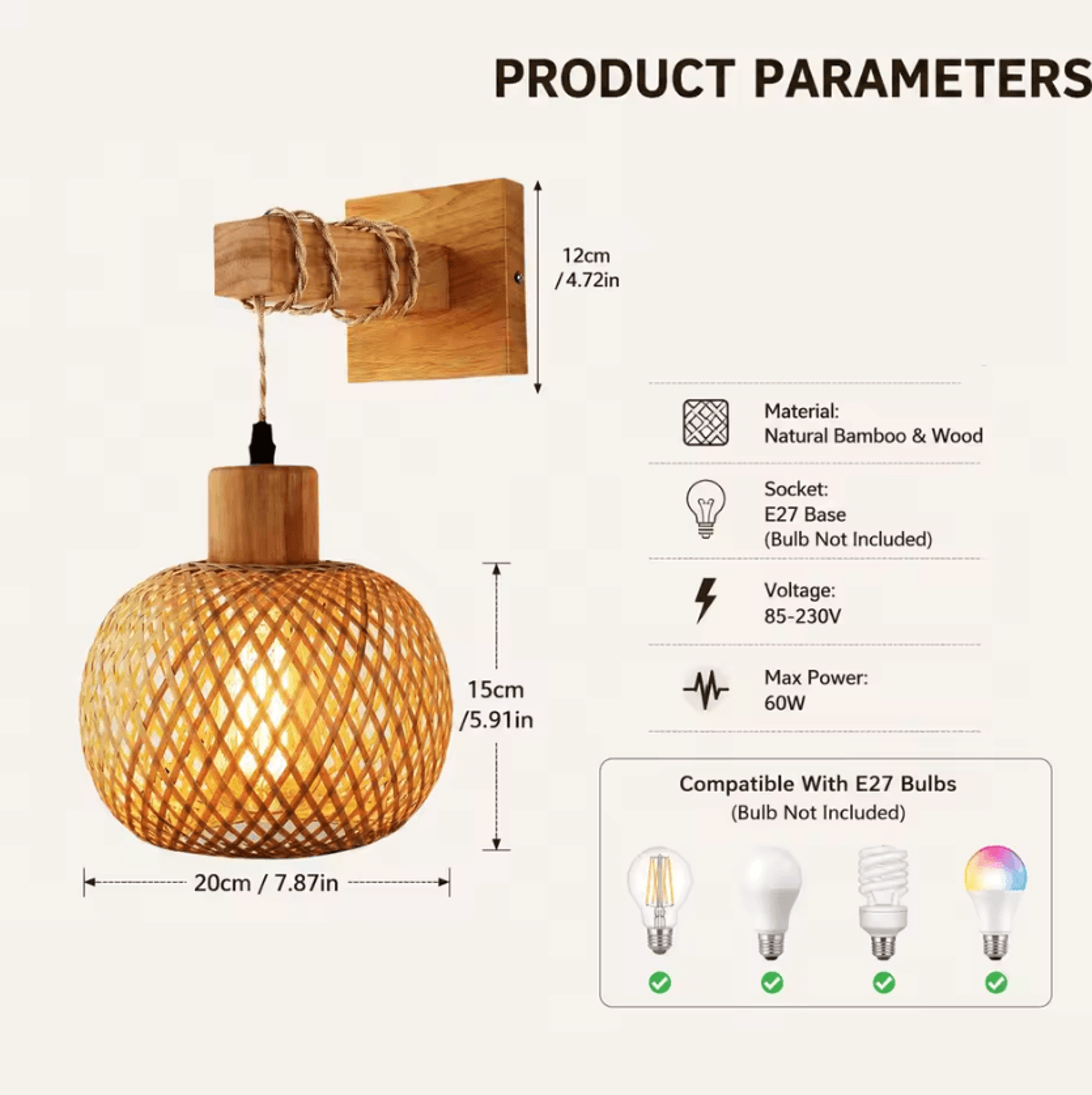 JOYINLED Handwoven Bamboo Rattan Wall Sconce E27 Boho Farmhouse Lamp For Bedroom And Hallway 4