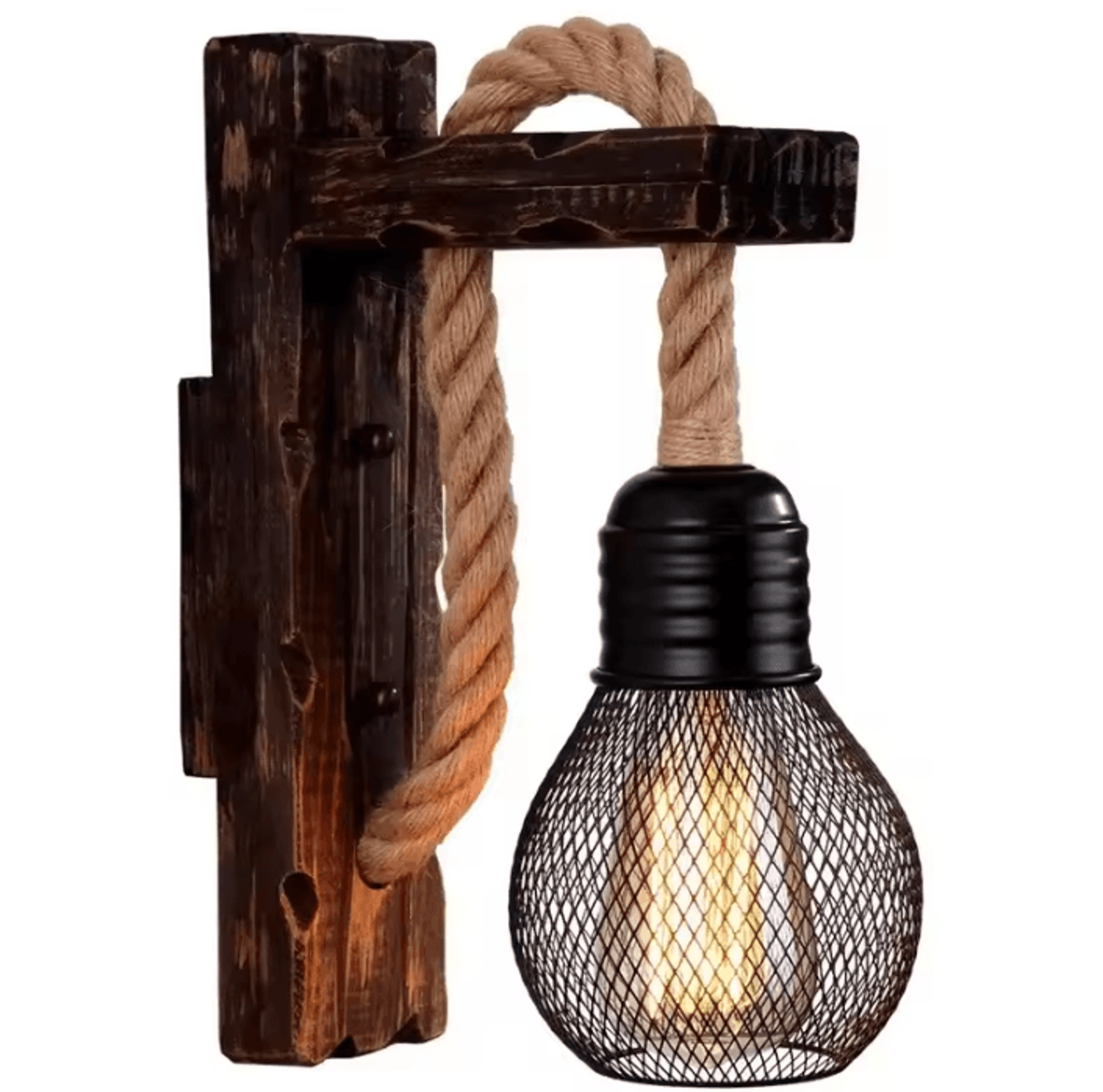 Vintage Wooden Hemp Rope Wall Lamp Rustic Industrial Bedside Sconce For Hallway And Loft Decor 5