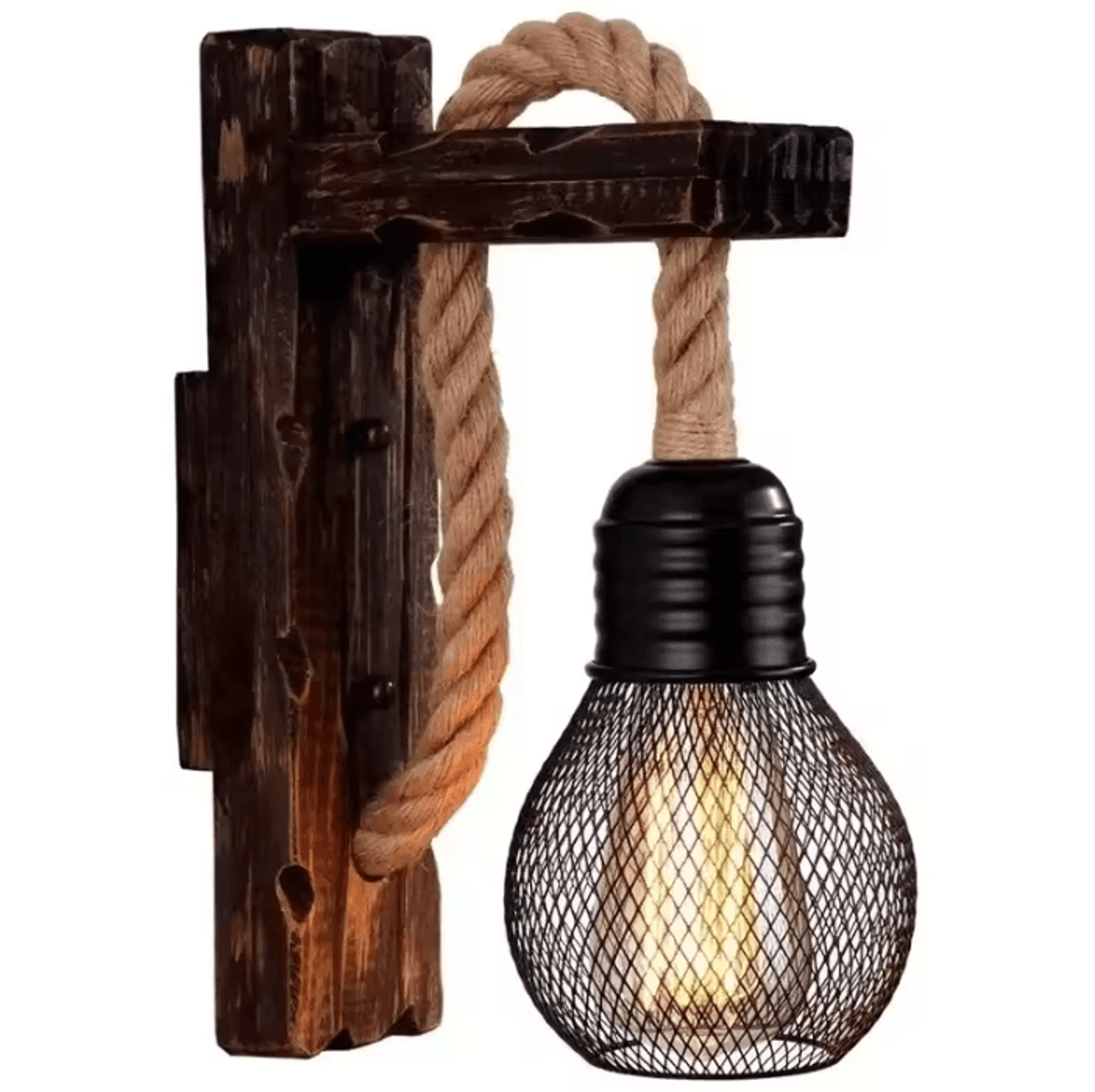 Vintage Wooden Hemp Rope Wall Lamp Rustic Industrial Bedside Sconce For Hallway And Loft Decor 0