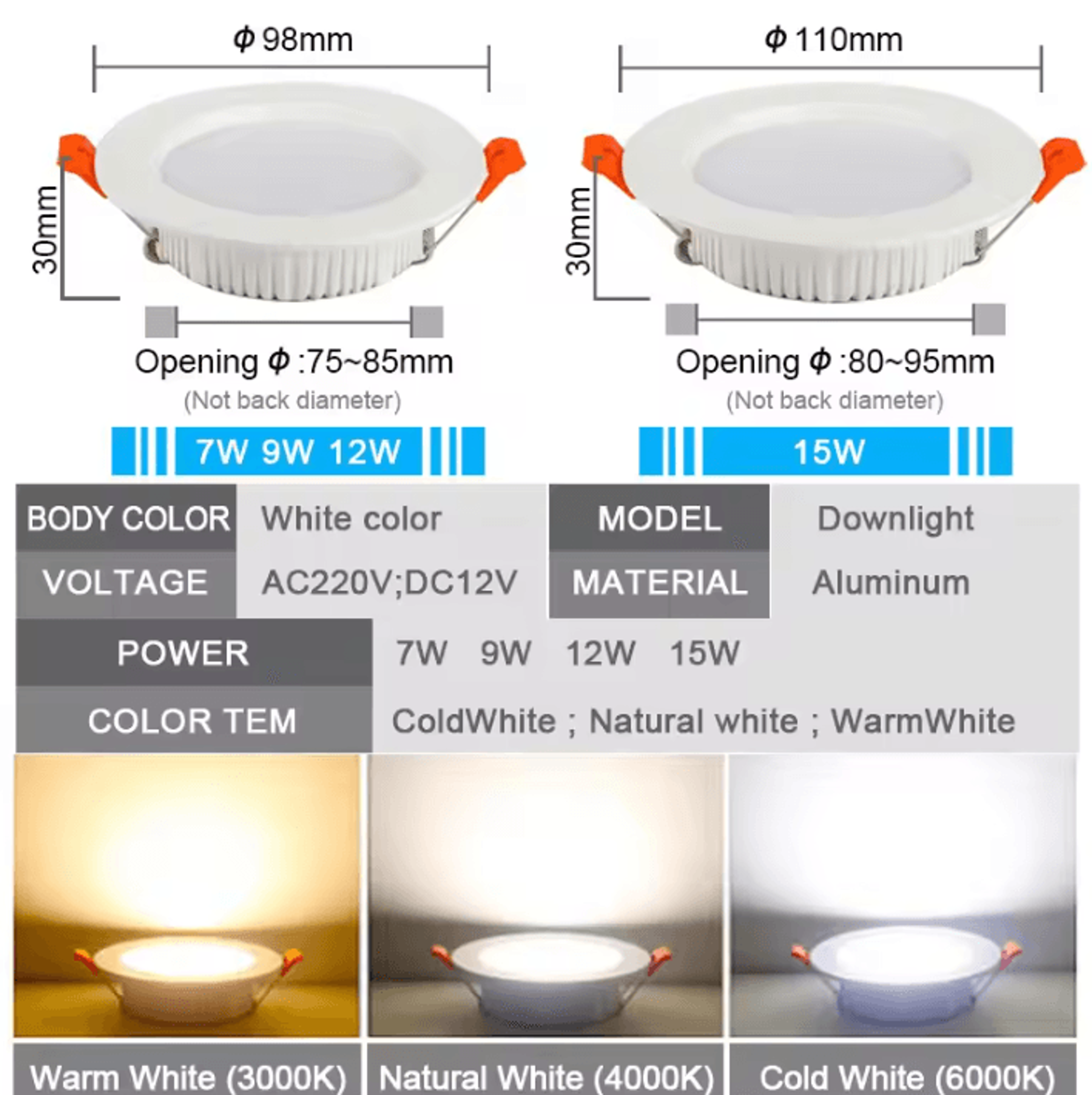 10PCS IP65 Waterproof LED Recessed Downlights 7W 9W 12W 15W Ceiling Spotlights For Bathroom And Kit 1