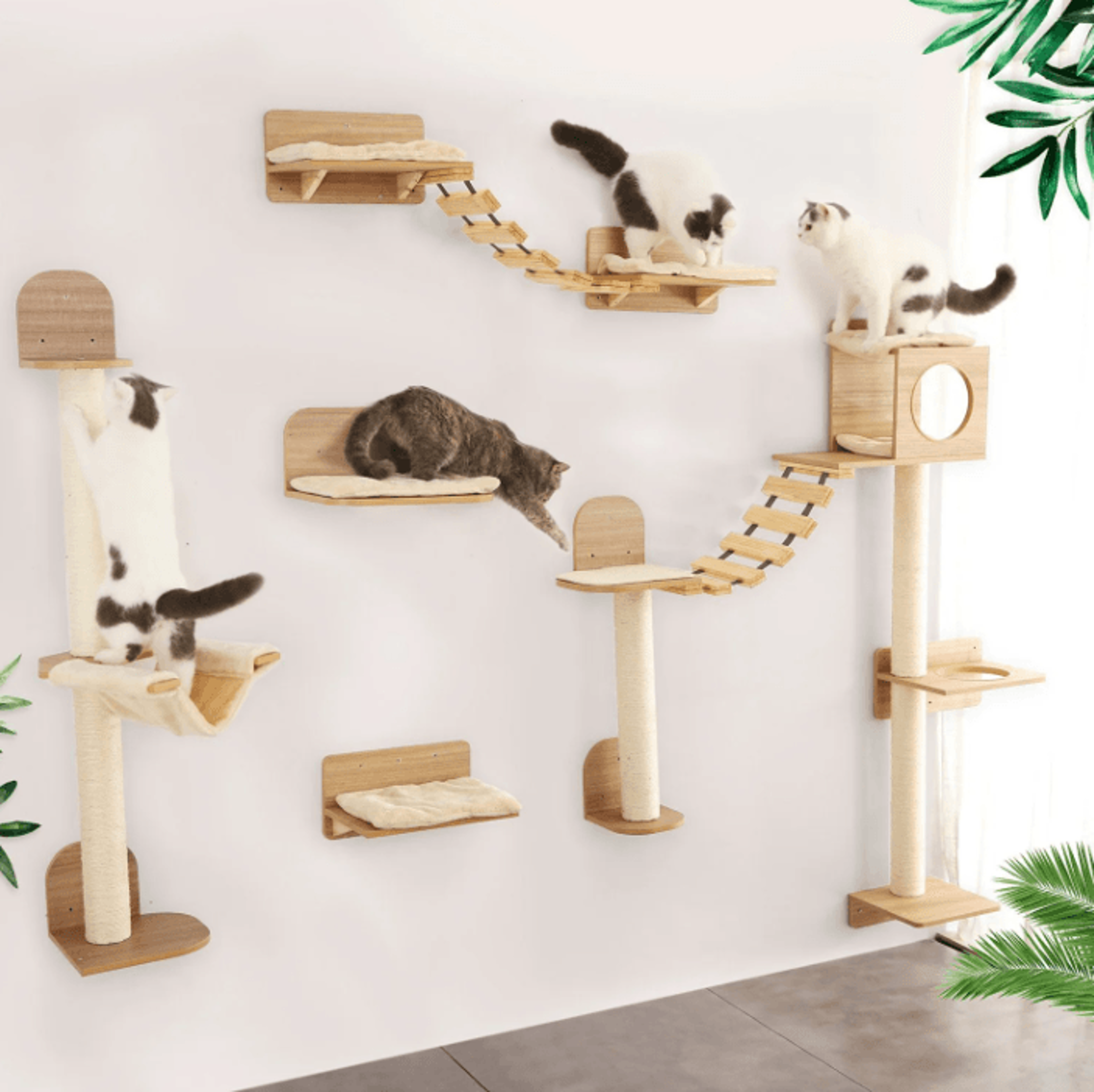 Wall Mounted Cat Climbing Rope With Wooden Steps And Sisal Scratcher For Indoor Cats 0