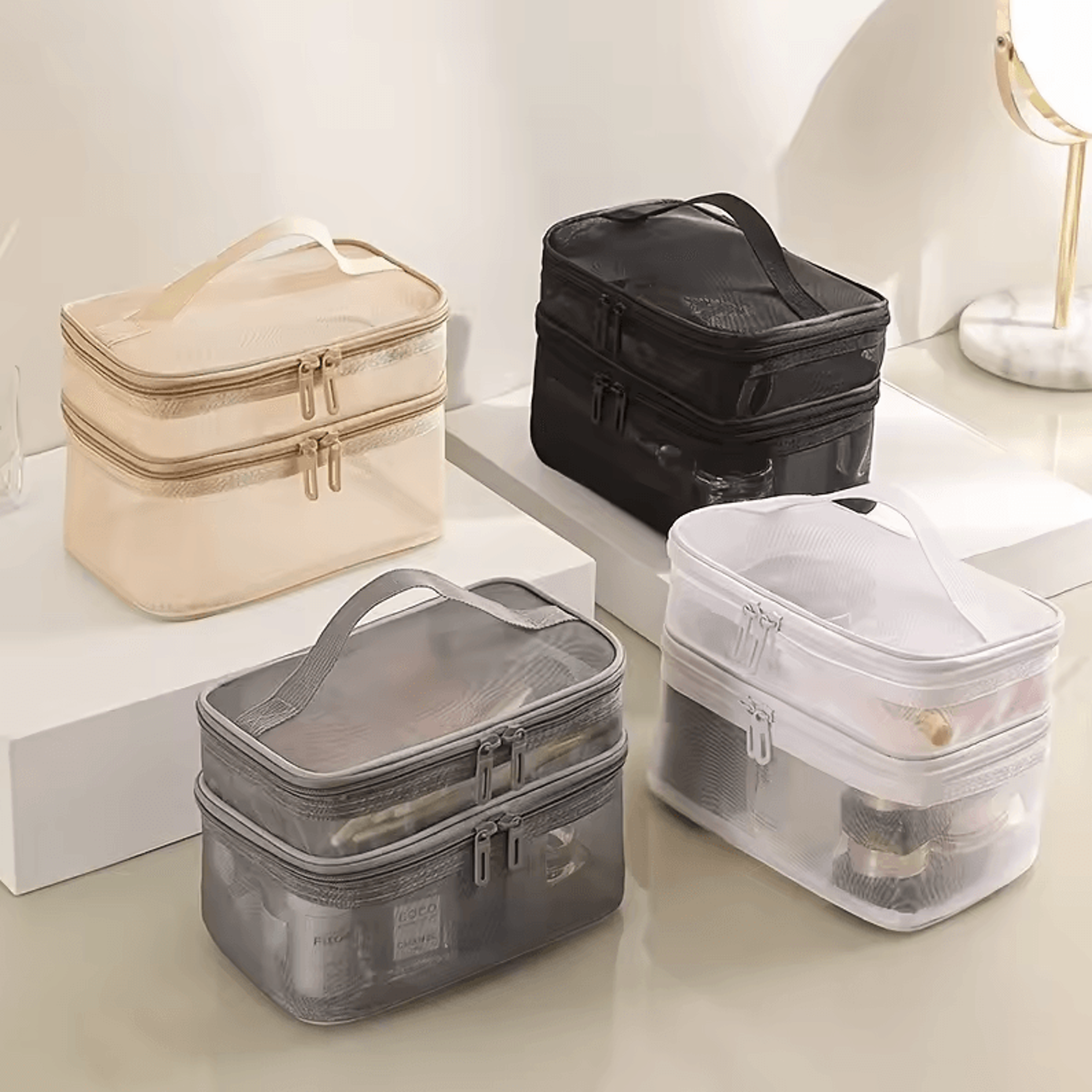 Double Layer Makeup Bag Large Capacity Cosmetic Organizer With Mesh Pockets 0
