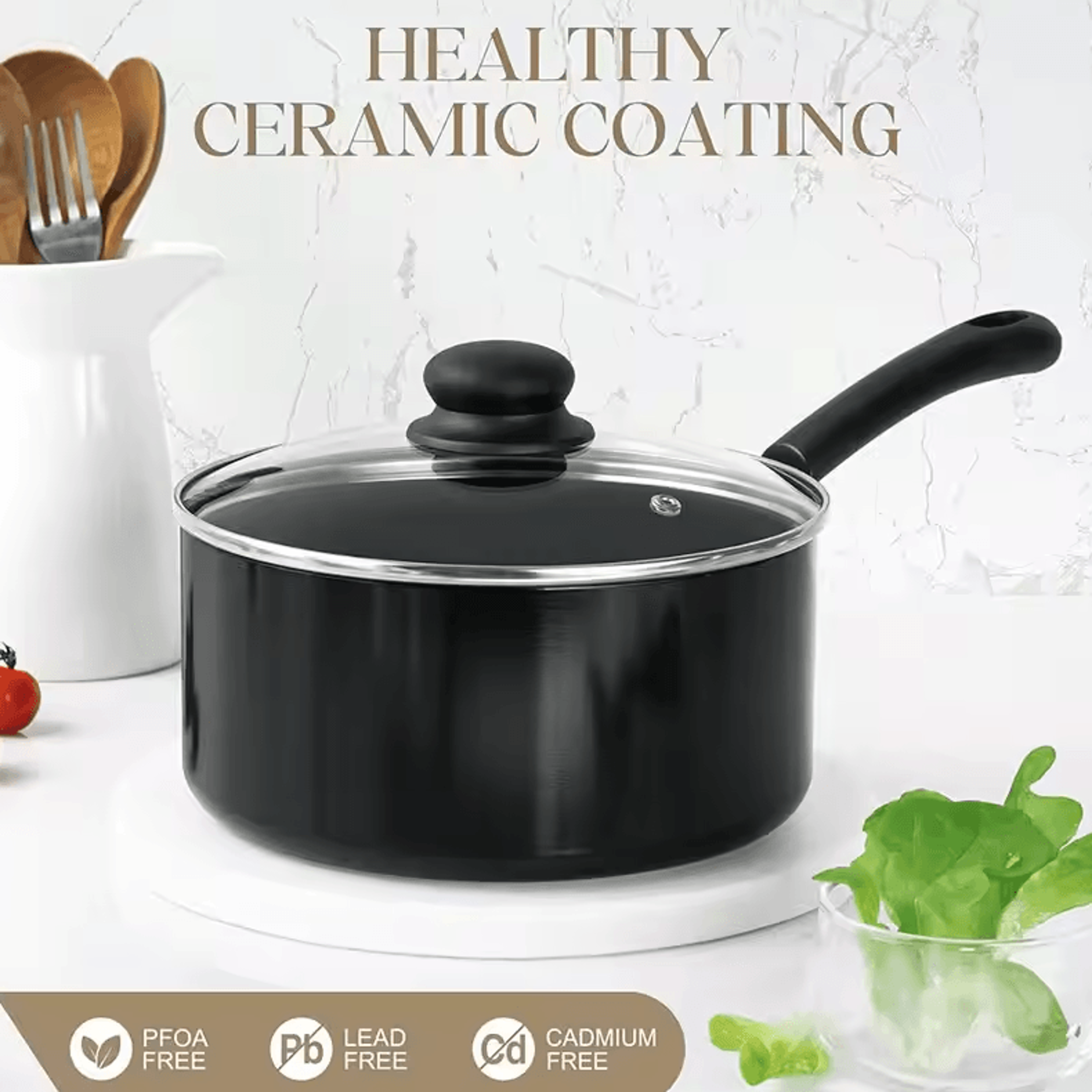 Premium 1Quart Nonstick Ceramic Saucepan With Glass Lid 0