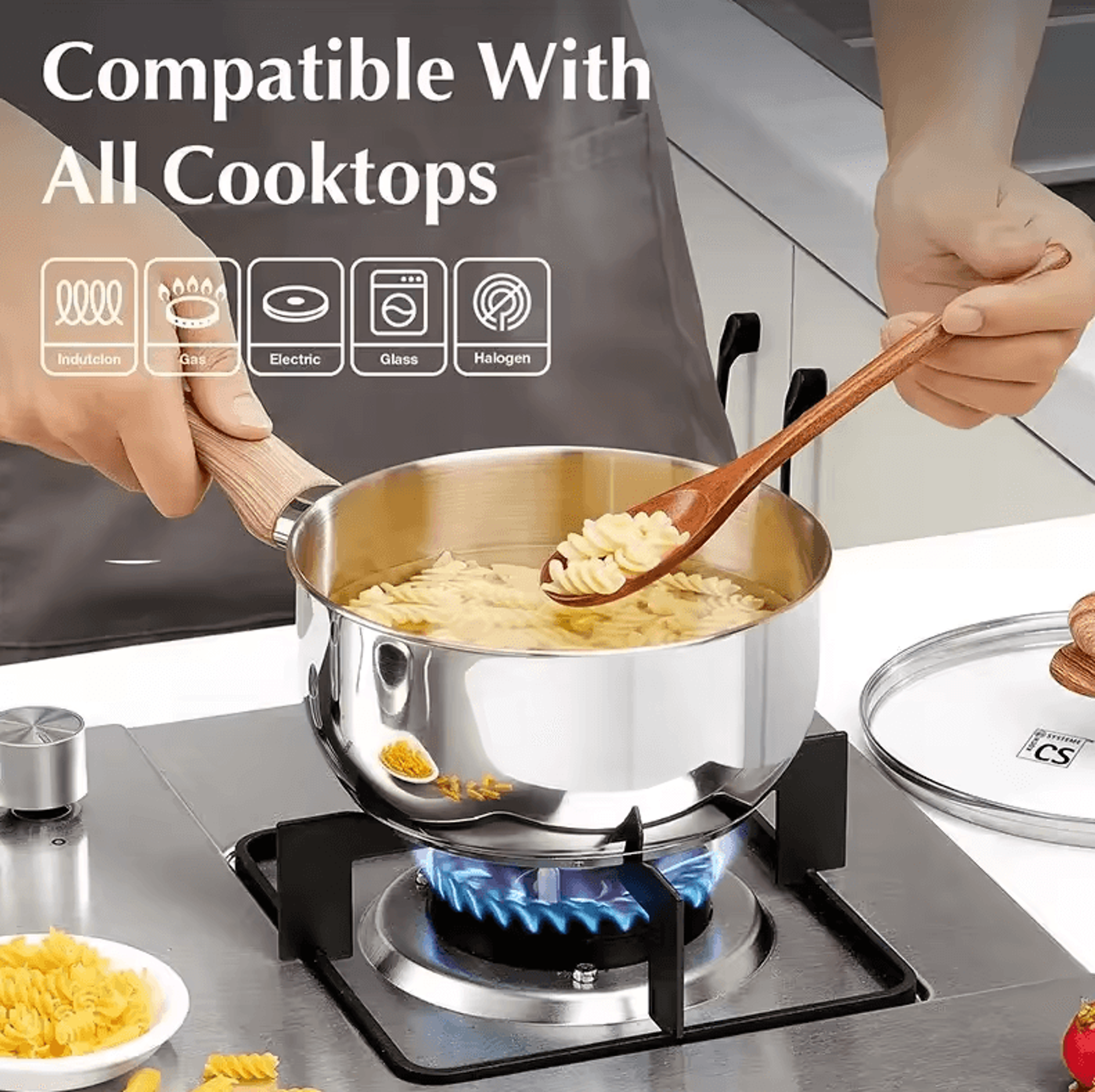 Premium 1 Quart Stainless Steel Saucepan With Glass Lid  Wooden Handle 0