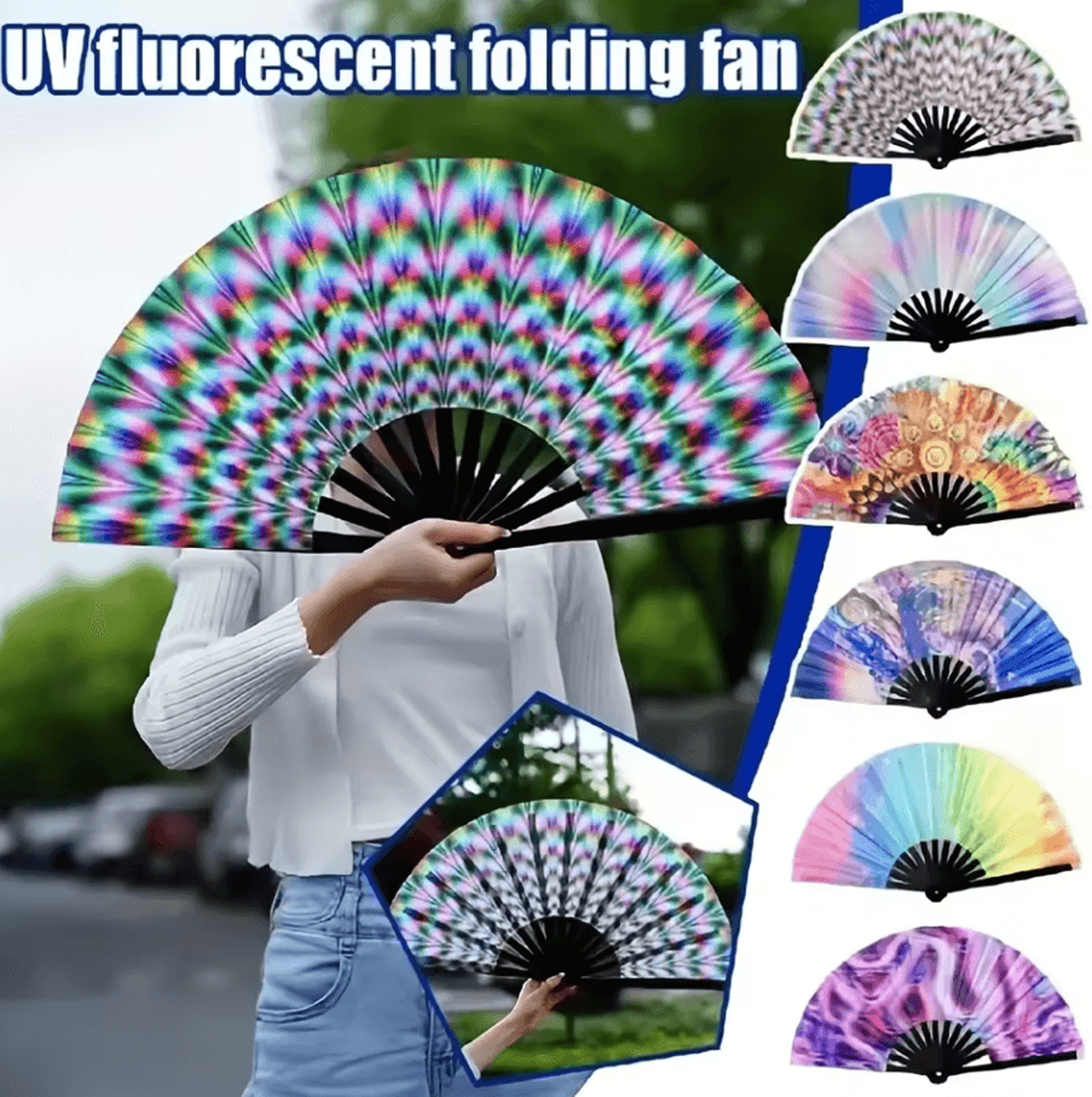Large Carnival Folding Fan With Energetic Neon Mushroom Pattern  Unisex Hand Fan 3