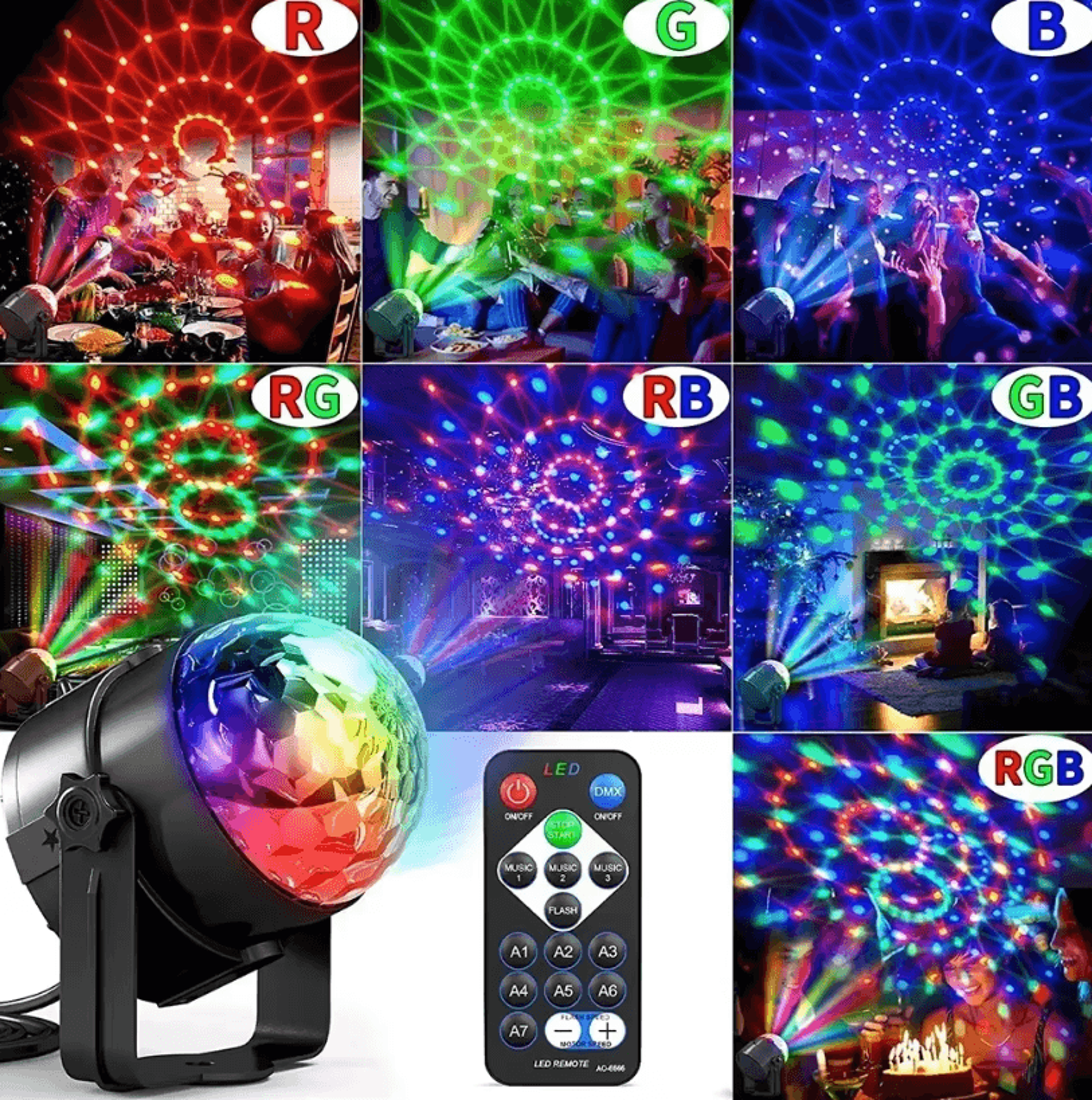 RGB LED Rotating Party Light  Sound Controlled DJ Stage  Disco Lamp With Remote 1