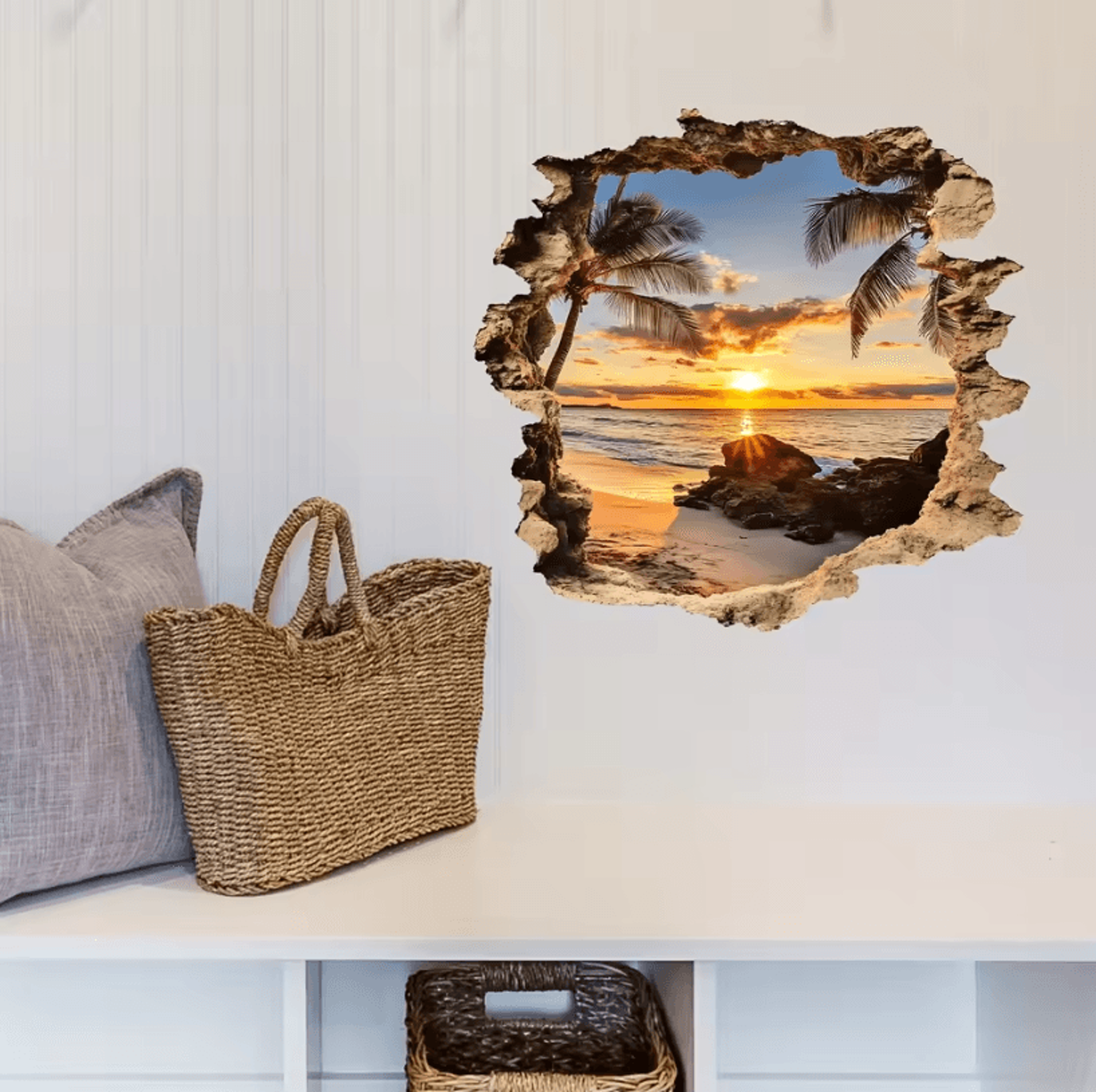3D Wall Decal Ocean Landscape  Beach Scene Wall Sticker Lifelike PVC Wall Mural For Home Decor 1
