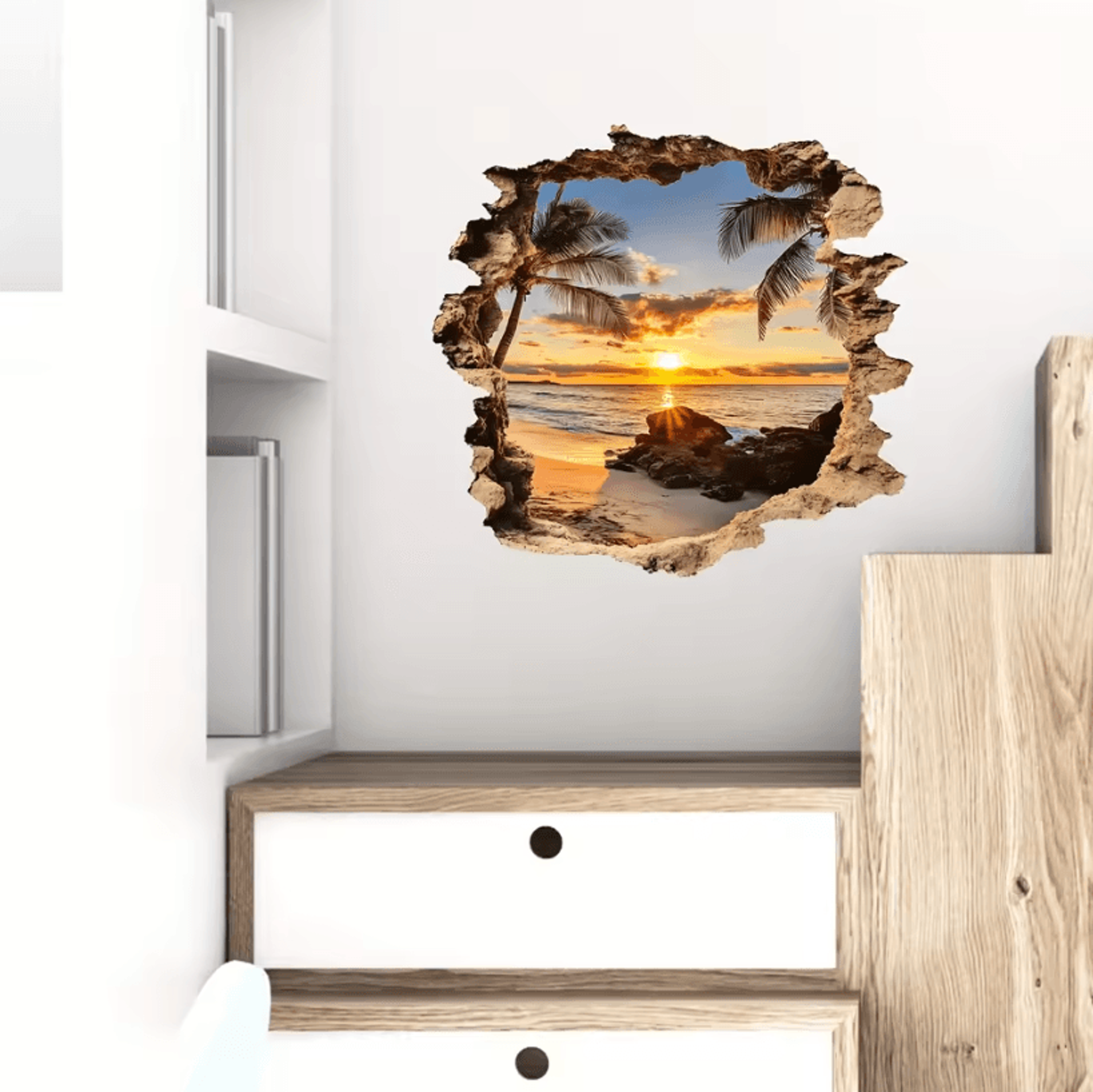 3D Wall Decal Ocean Landscape  Beach Scene Wall Sticker Lifelike PVC Wall Mural For Home Decor 3