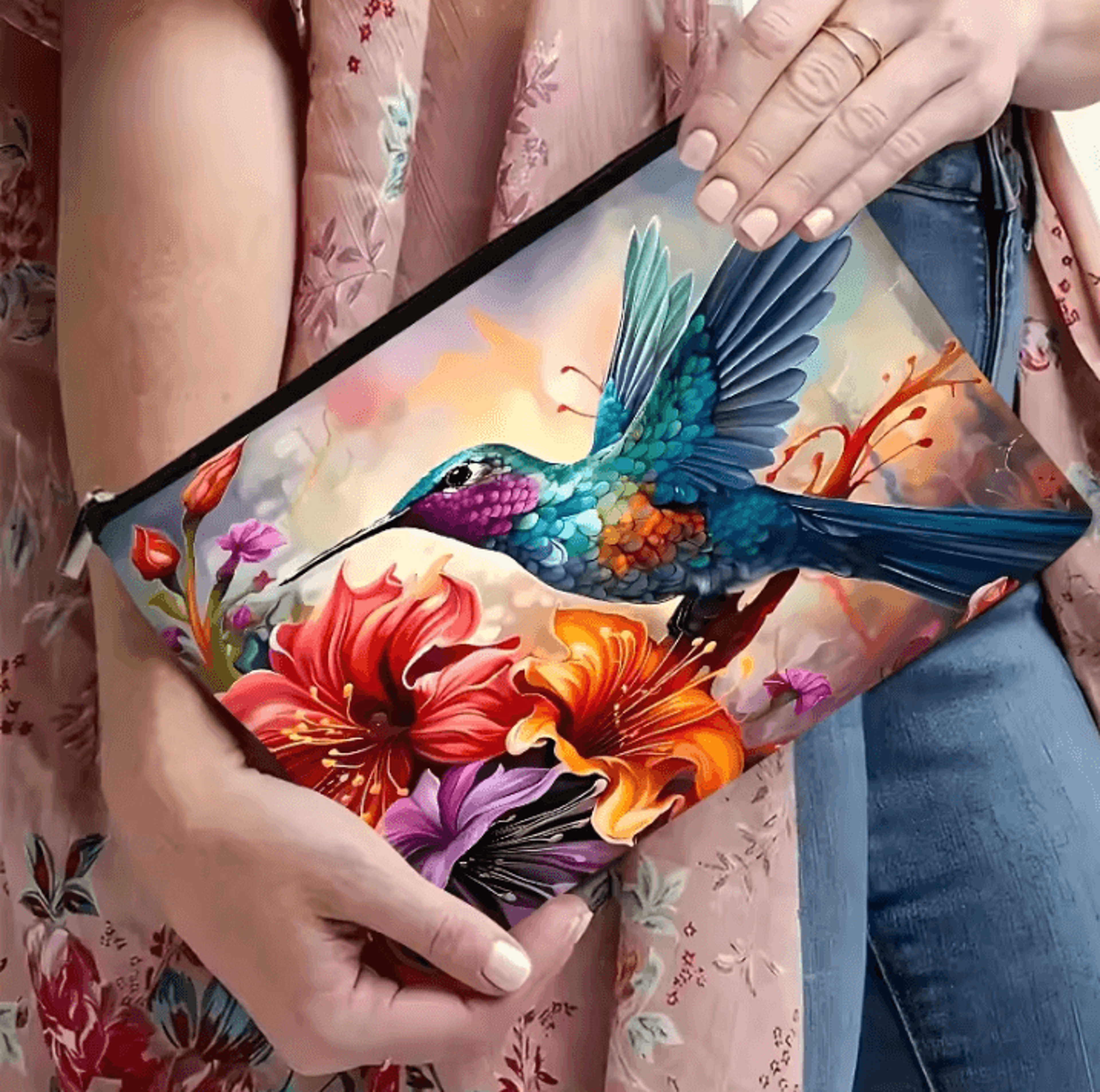 Vibrant Floral Makeup Bag  Hummingbird Cosmetic Bag With Zipper Travel Cosmetic Pouch 0