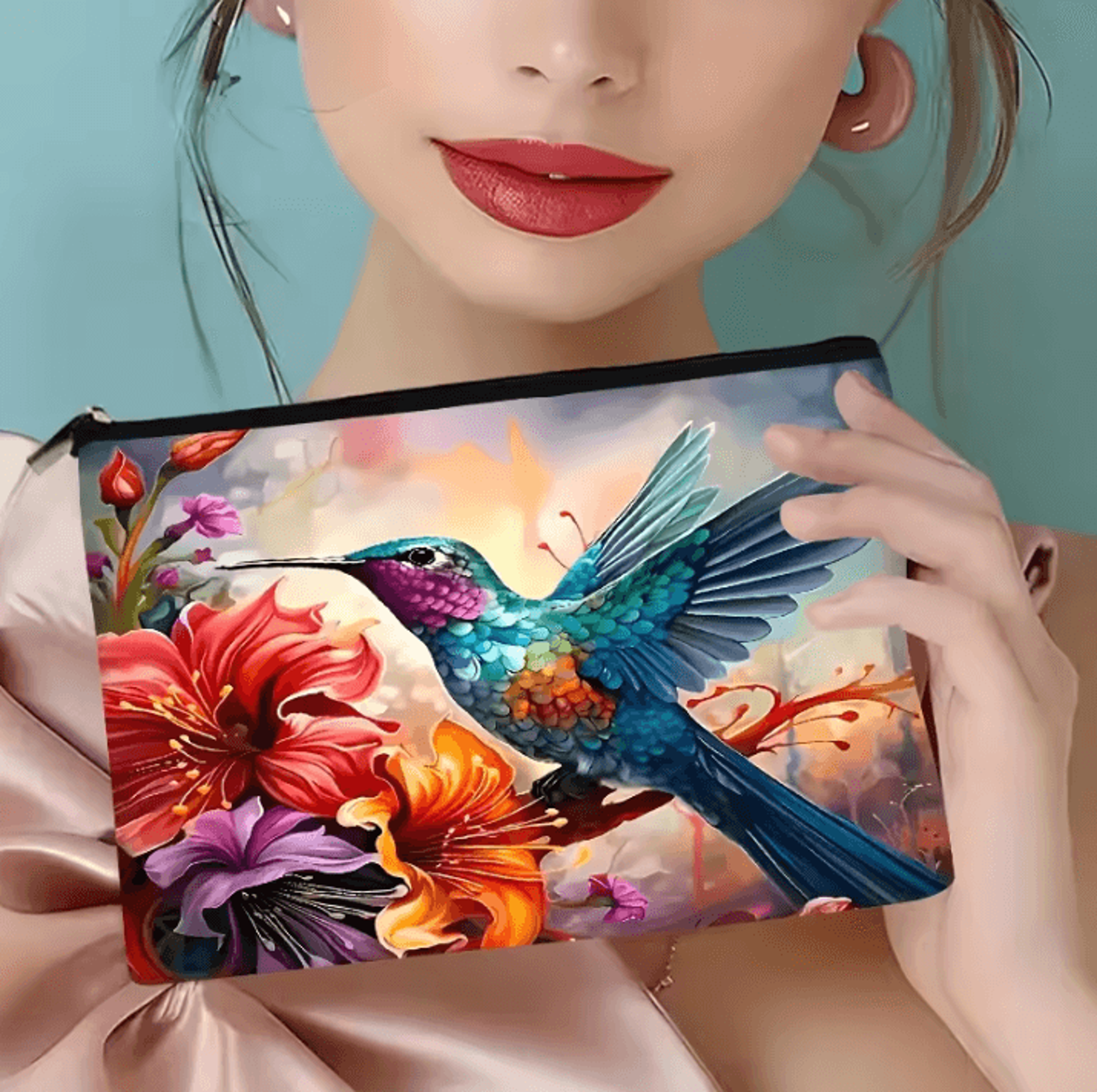 Vibrant Floral Makeup Bag  Hummingbird Cosmetic Bag With Zipper Travel Cosmetic Pouch 2