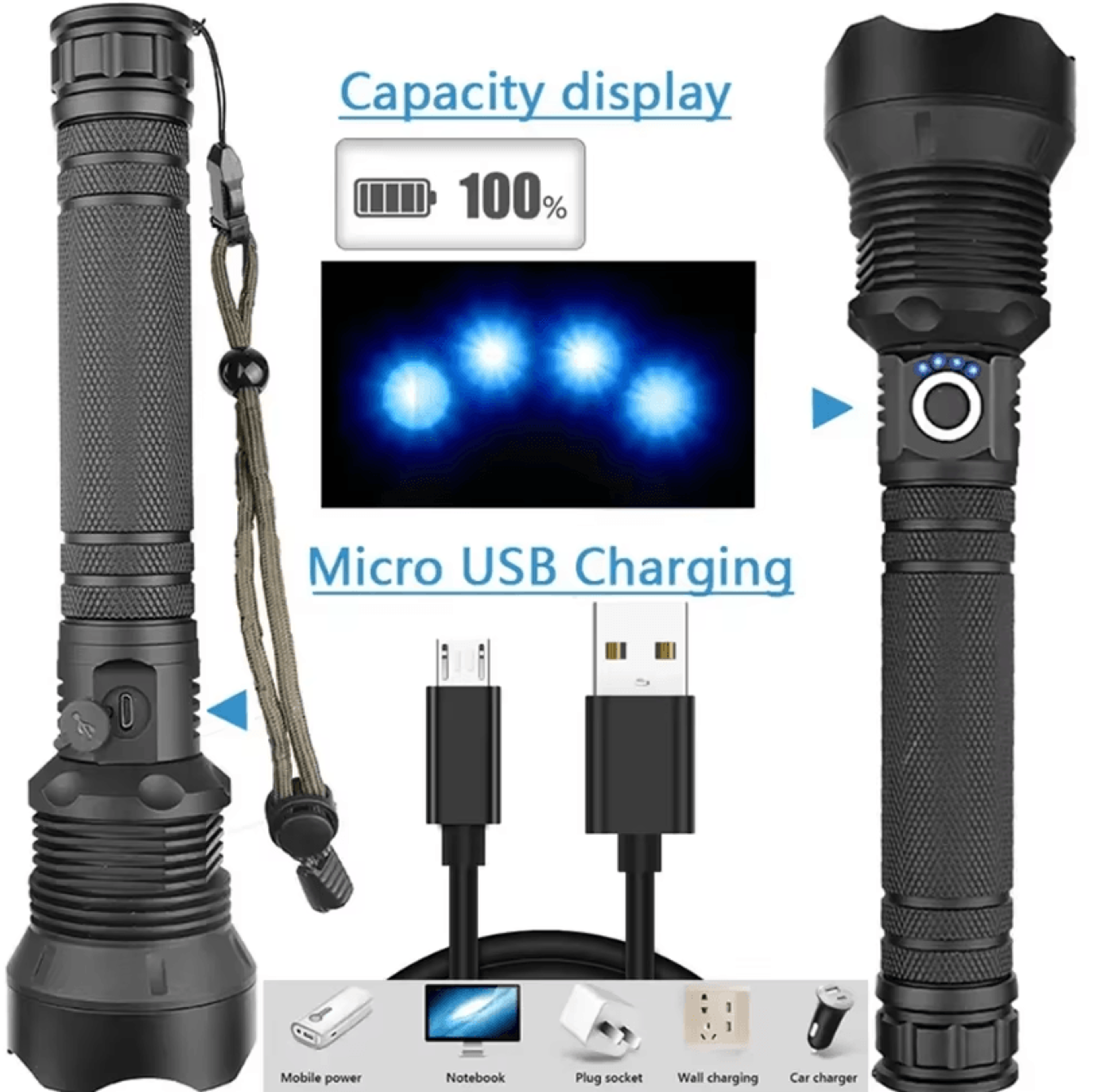 Powerful USB Rechargeable XHP702 Flashlight With Zoom LED Tactical Torch For Camping 2