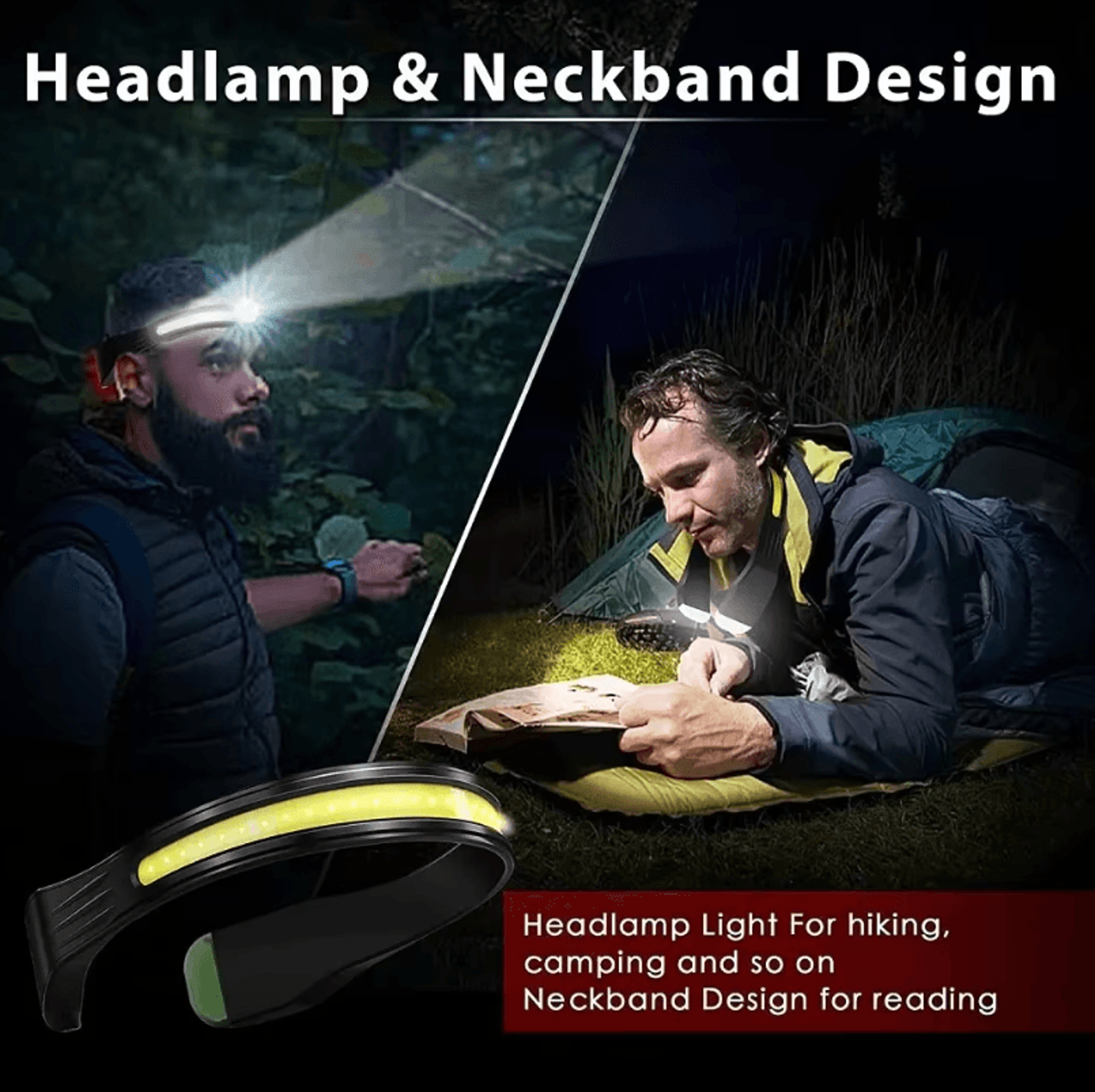 Rechargeable Headlamp With COB Wide Angle Lighting And Red Tail Safety Light For Outdoor Running An 1