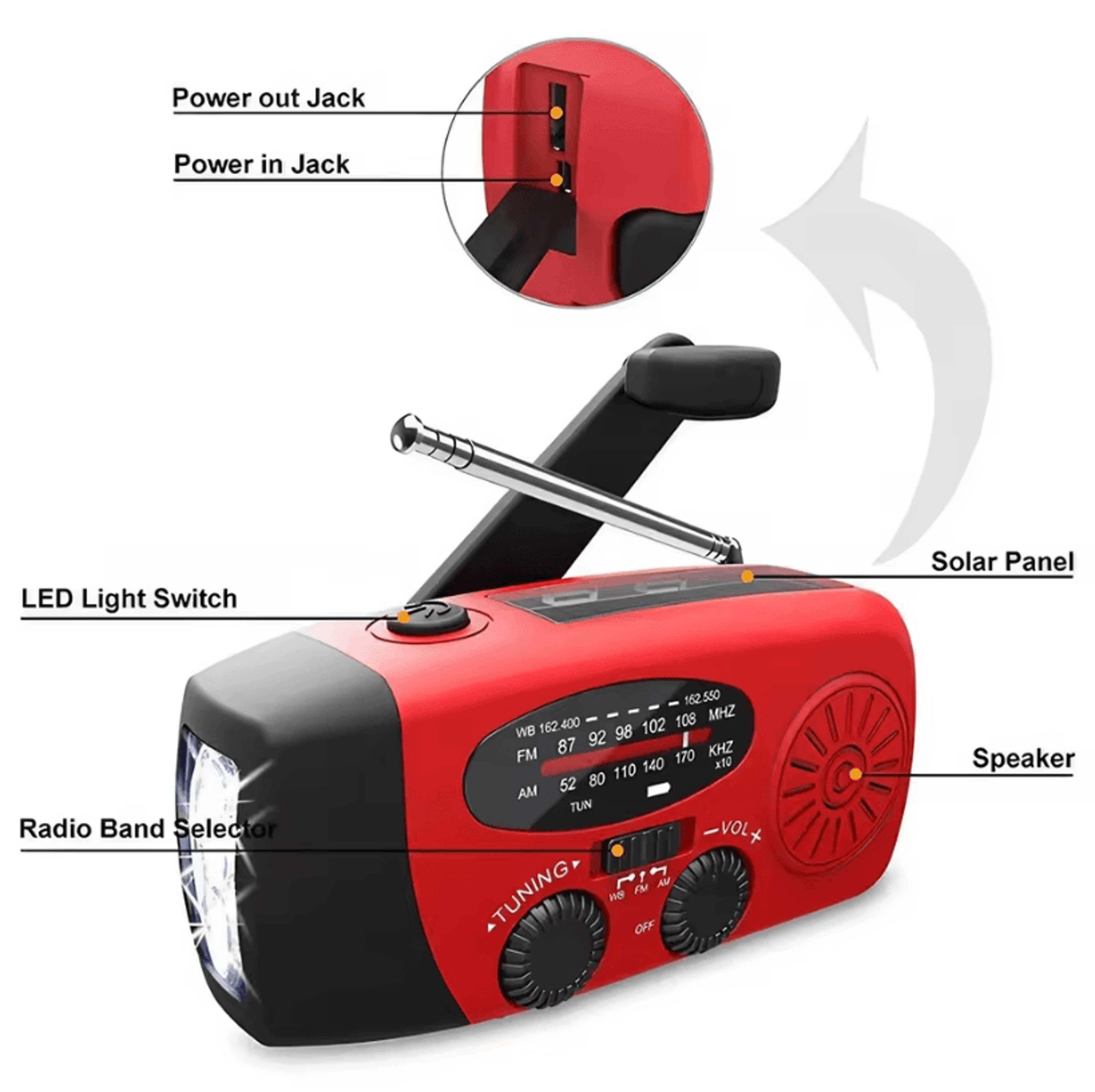 STONEGO Multifunctional Emergency HandCrank Generator With FM Radio Solar Phone Charging And LED La 2