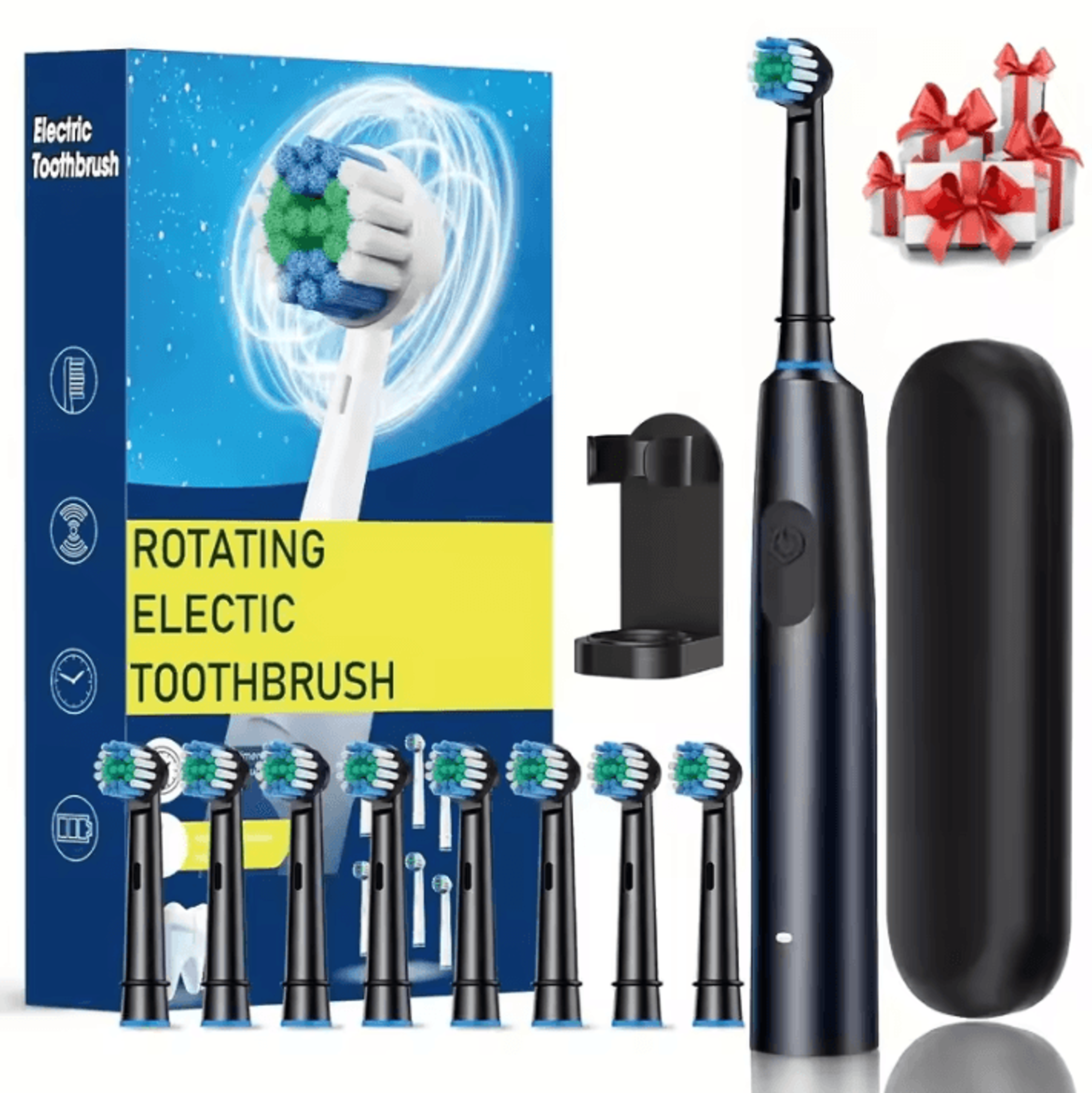 Rechargeable Electric Toothbrush With Rotary Action  8 Soft Brush Heads Oral Care Set 8