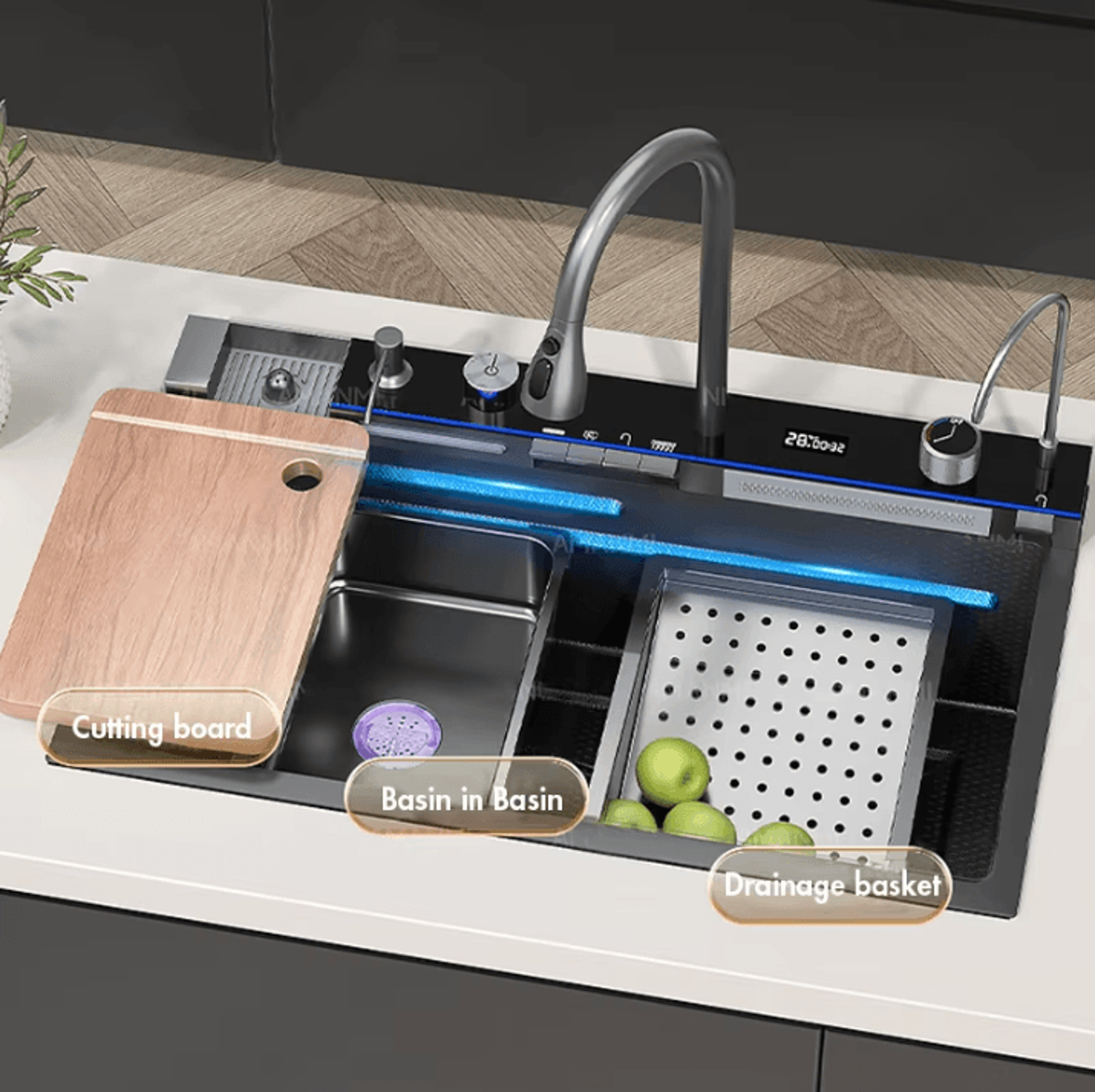 304 Stainless Steel Waterfall Kitchen Sink  Large Single Basin With Digital Display Faucet And Soap 4