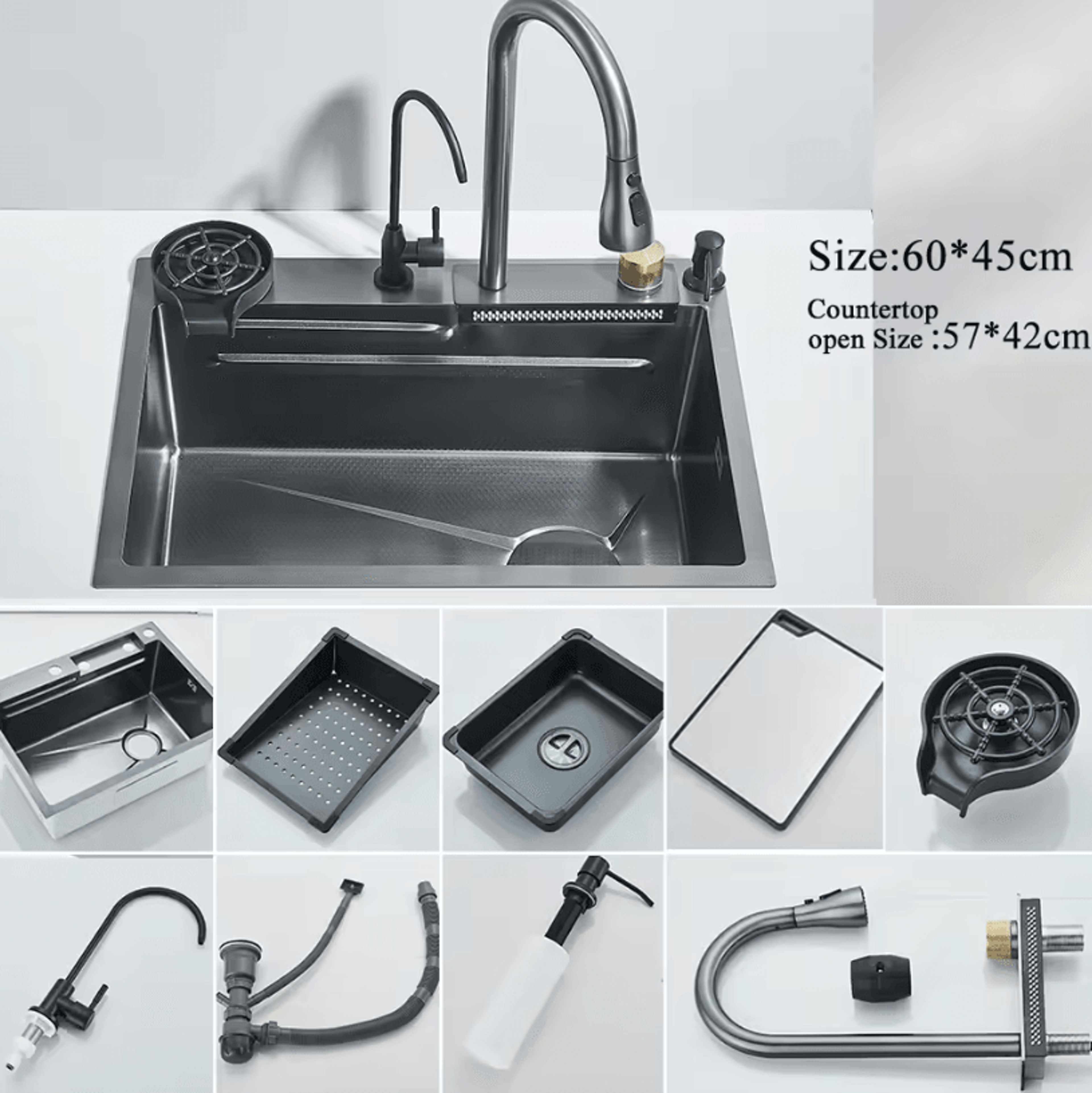 304 Stainless Steel Waterfall Kitchen Sink  Large Single Basin With Digital Display Faucet And Soap 14